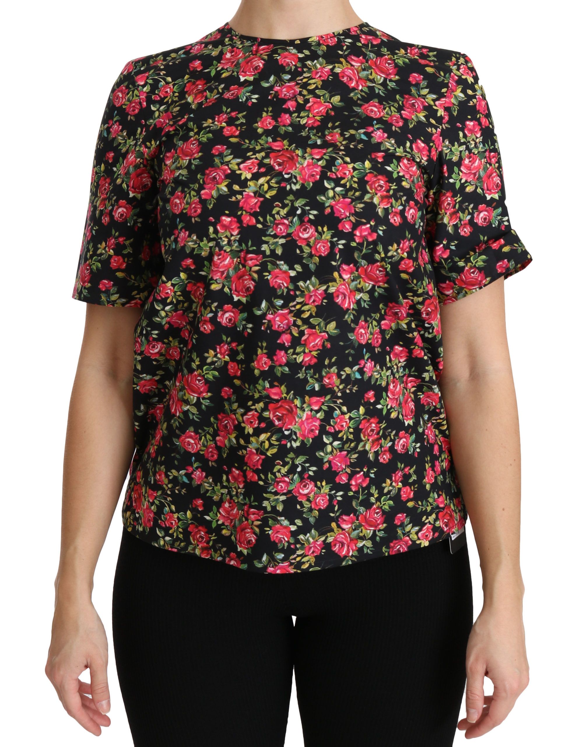 Dolce & Gabbana Schwarzes geblümtes Rosen-Top mit kurzen Ärmeln Bluse