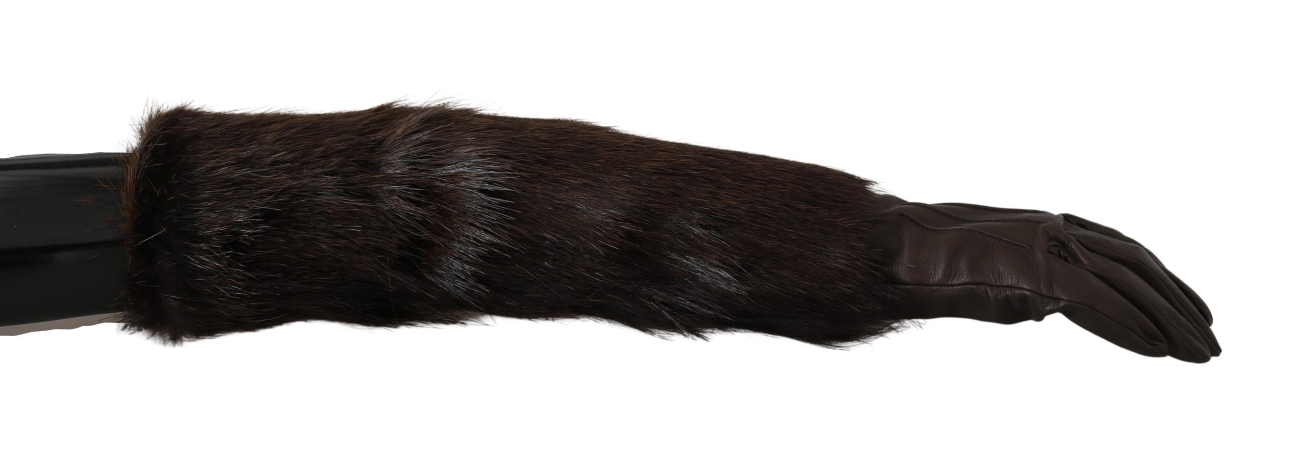 Dolce & Gabbana Braun Ellenbogenlänge Fäustlinge Leder Pelz Handschuhe