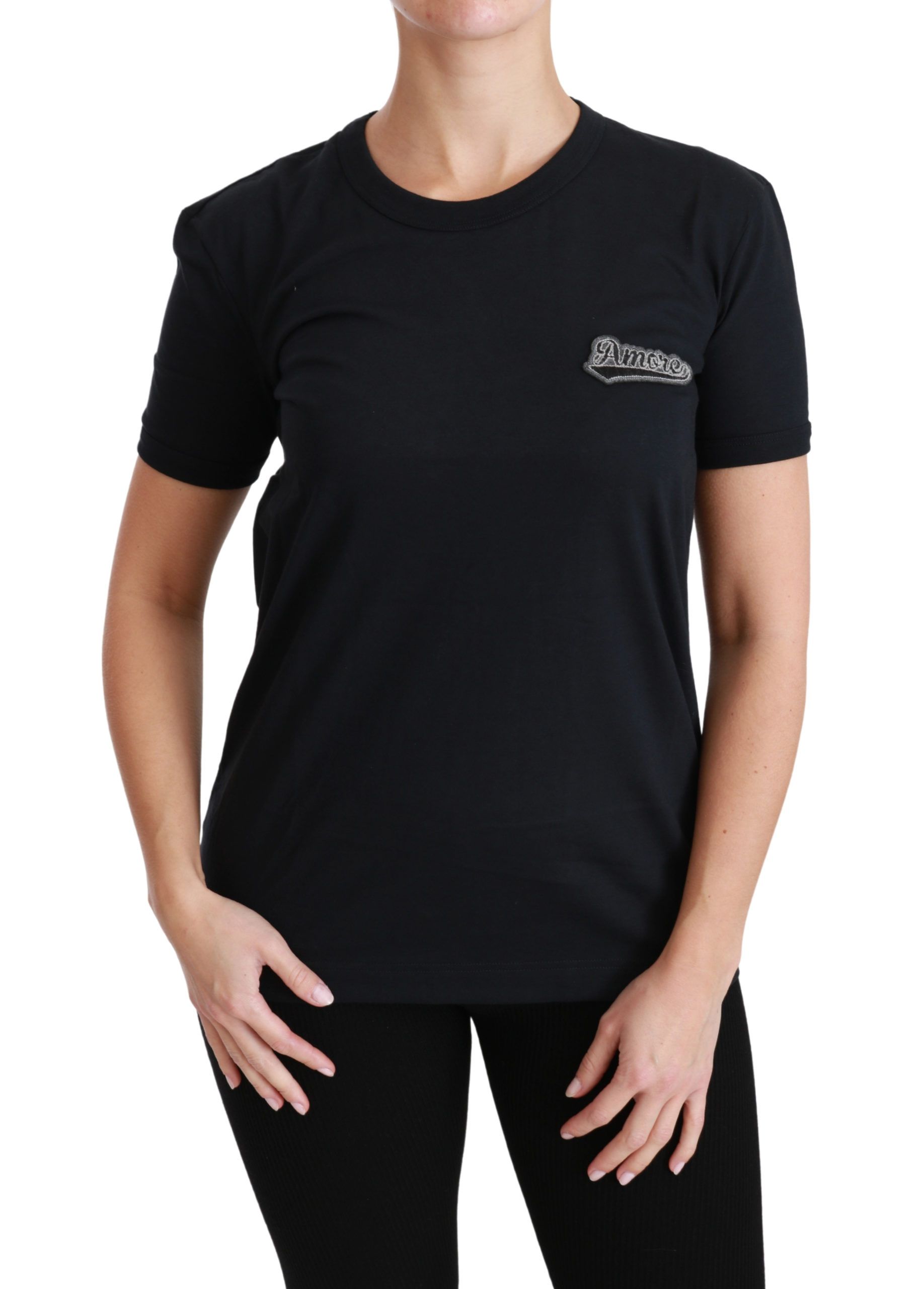 Dolce & Gabbana Blaues Amore Patch Baumwoll-T-Shirt mit Rundhalsausschnitt