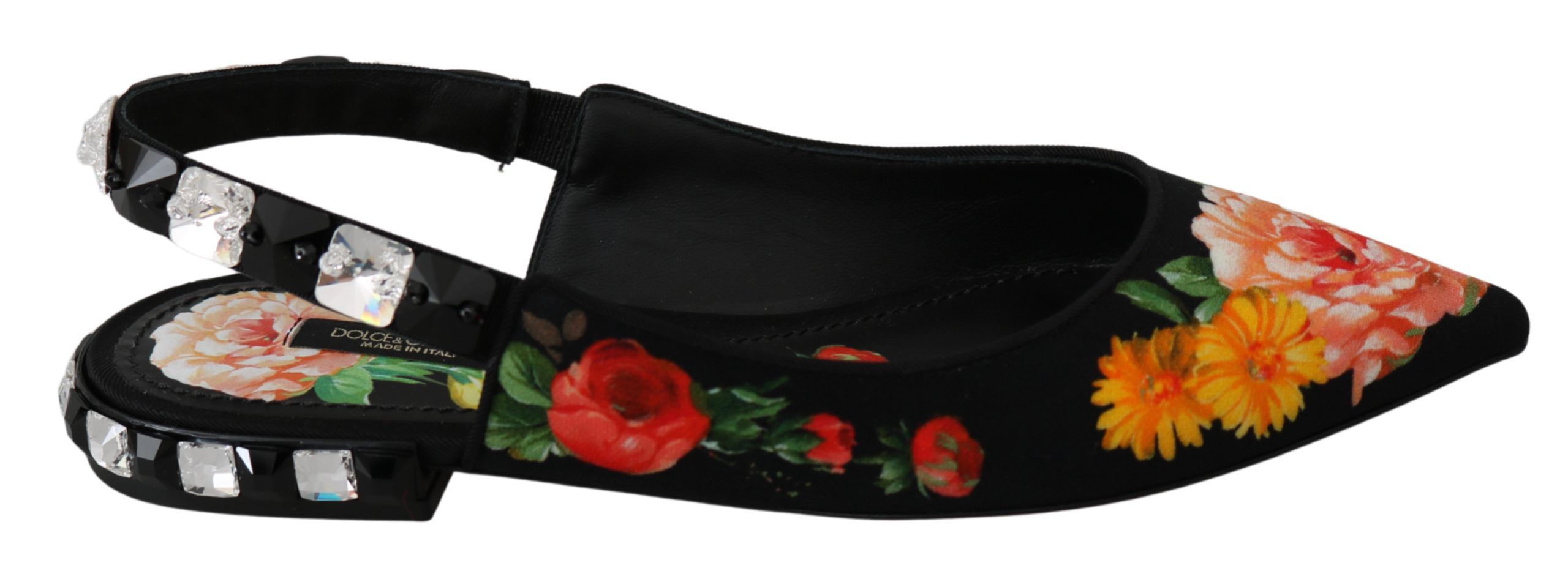Dolce & Gabbana Schwarz Floral Kristall Slingbacks Flats Schuhe