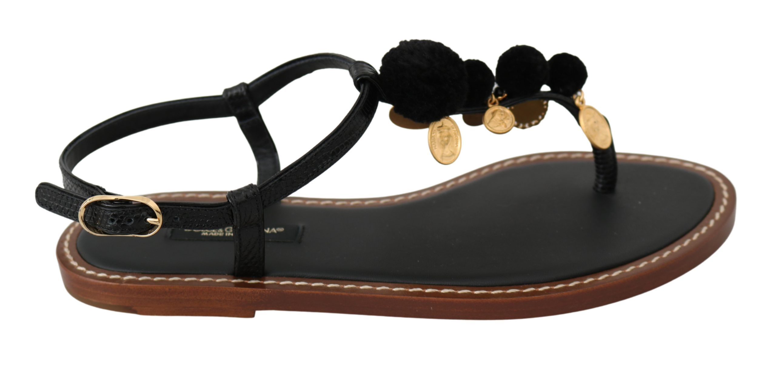 Dolce & Gabbana Schwarzes Leder Münzen Flip Flops Sandalen Schuhe