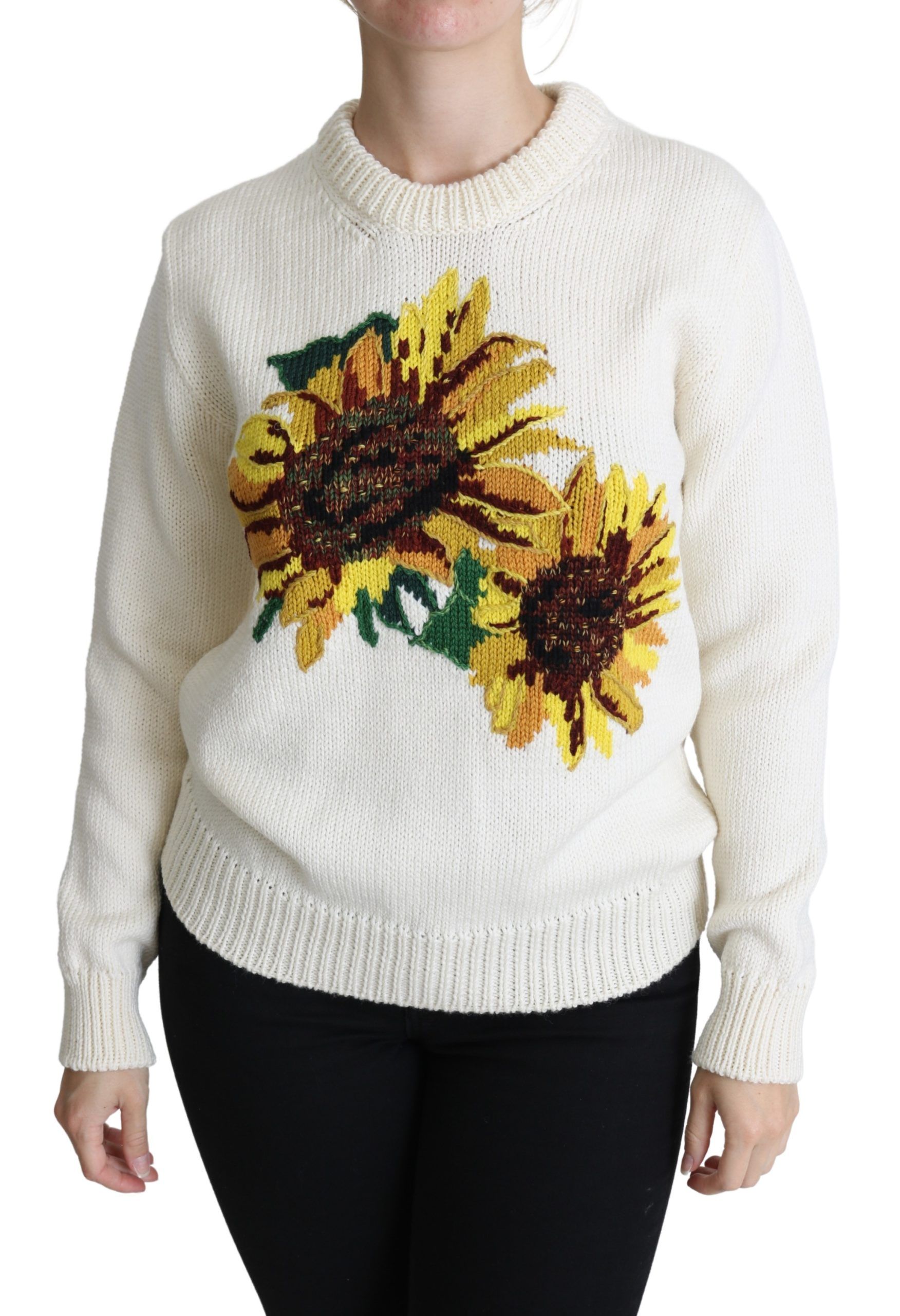 Dolce & Gabbana Weißer Pullover aus geblümter Wolle Sonnenblumenpullover