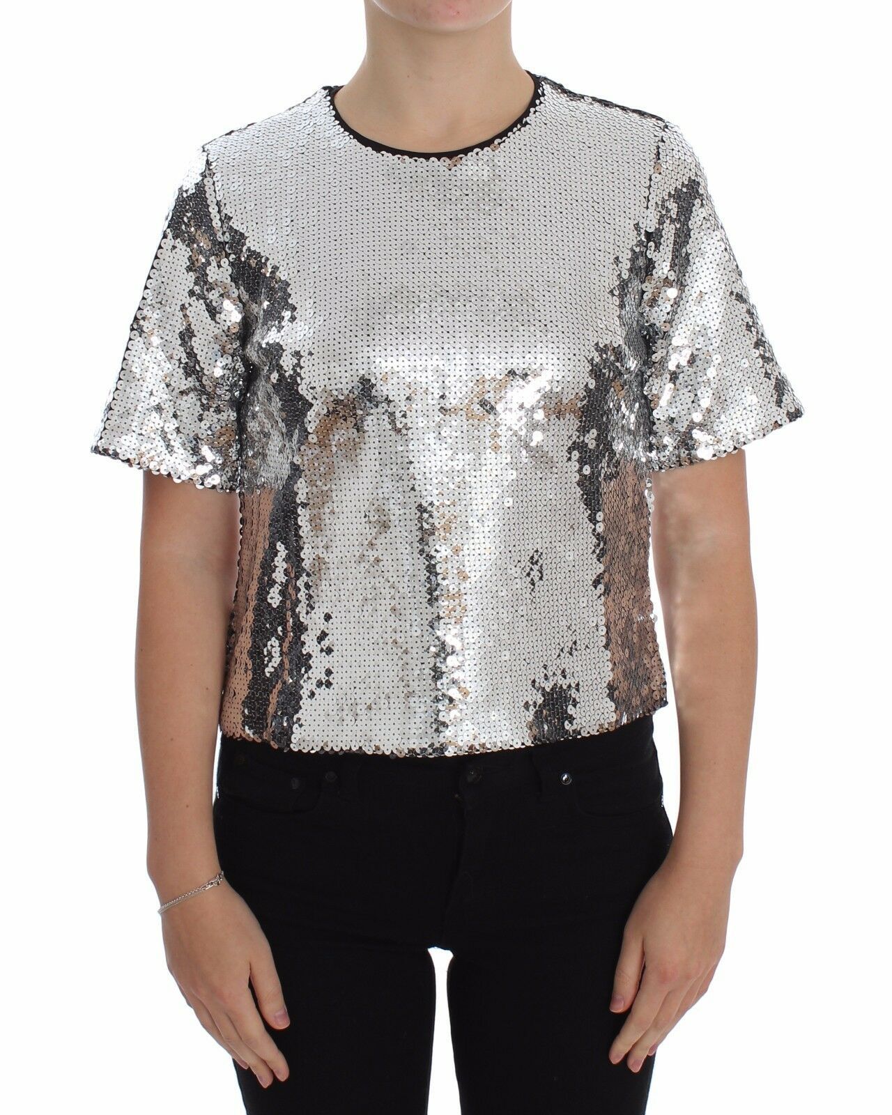 Dolce & Gabbana Silberne paillettenbesetzte Bluse mit Rundhalsausschnitt T-shirt Top