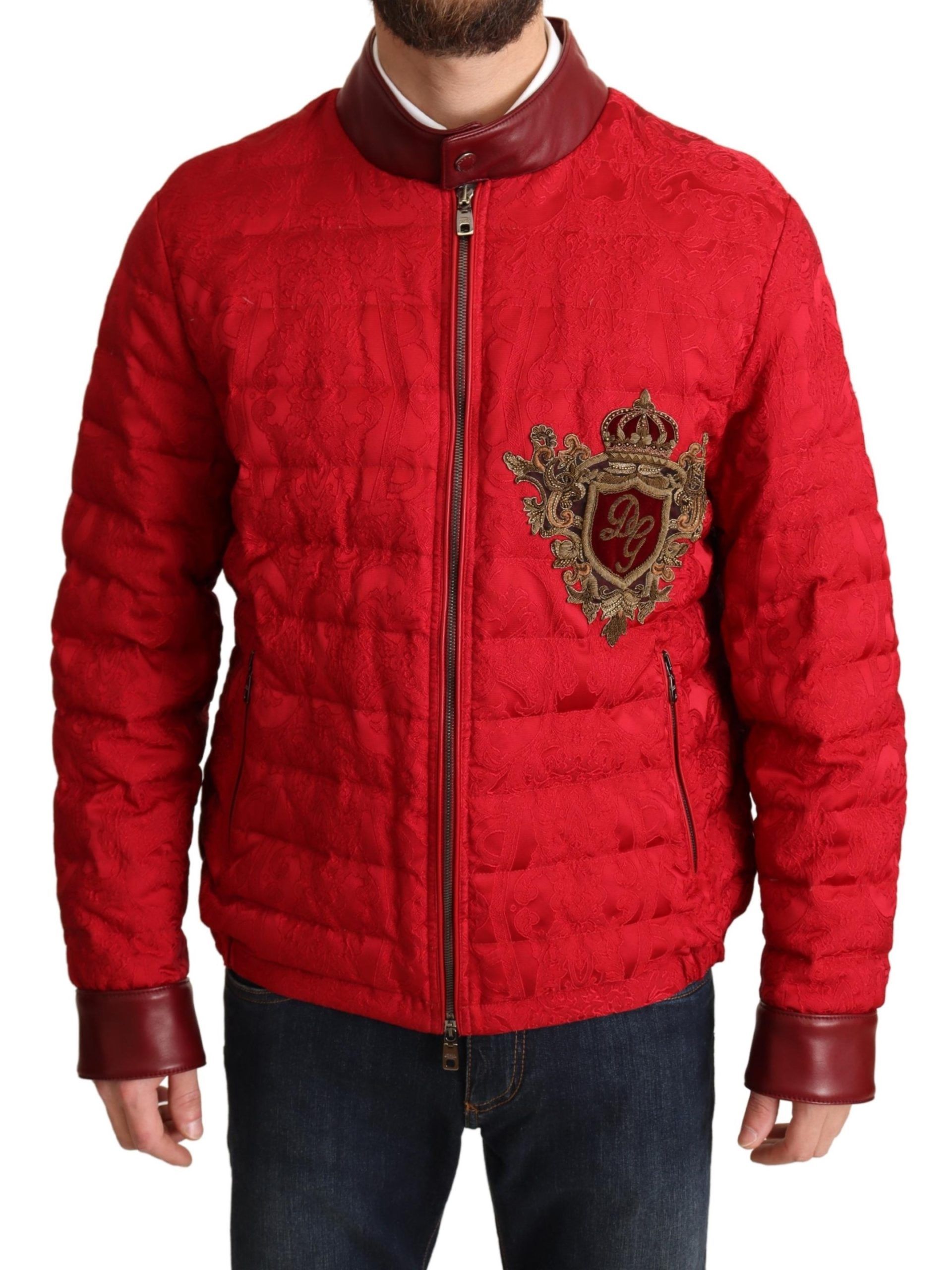 Dolce & Gabbana Roter Brokatbomber Goldkronen-Logo-Mantel Jacke