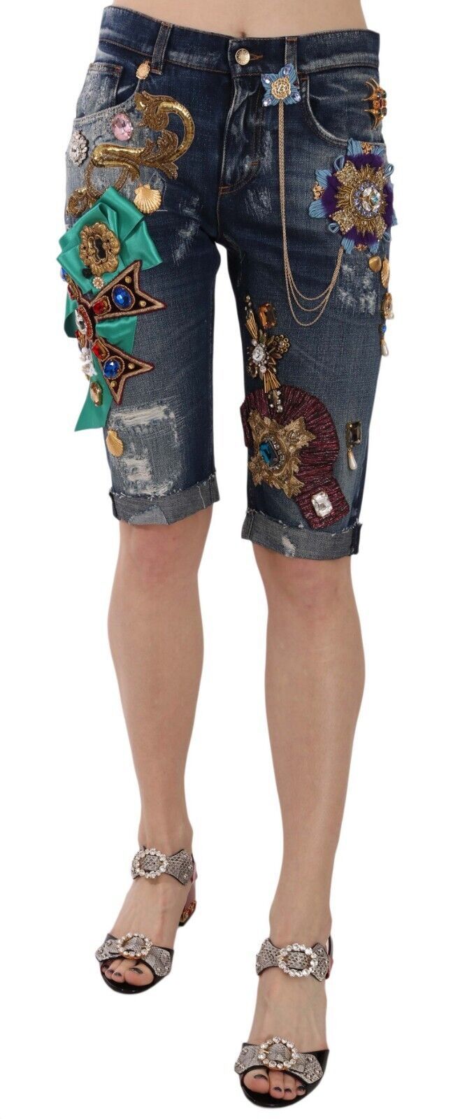 Dolce & Gabbana Blaue Denim Mid Waist Crystal Capri Shorts
