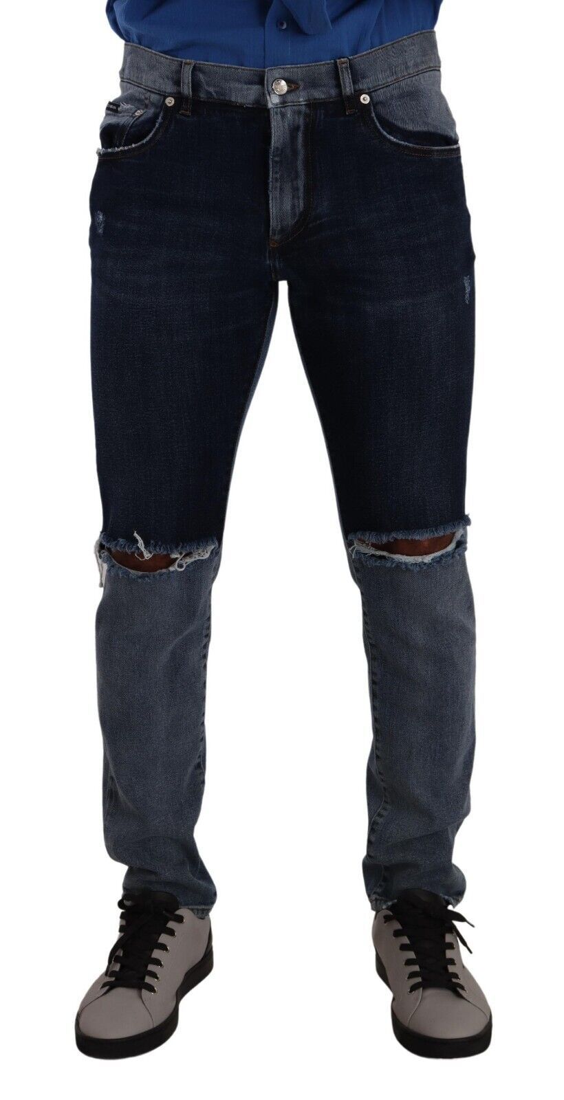 Dolce & Gabbana Blaue zweifarbige Slim Denim Jeans aus zerrissener Baumwolle