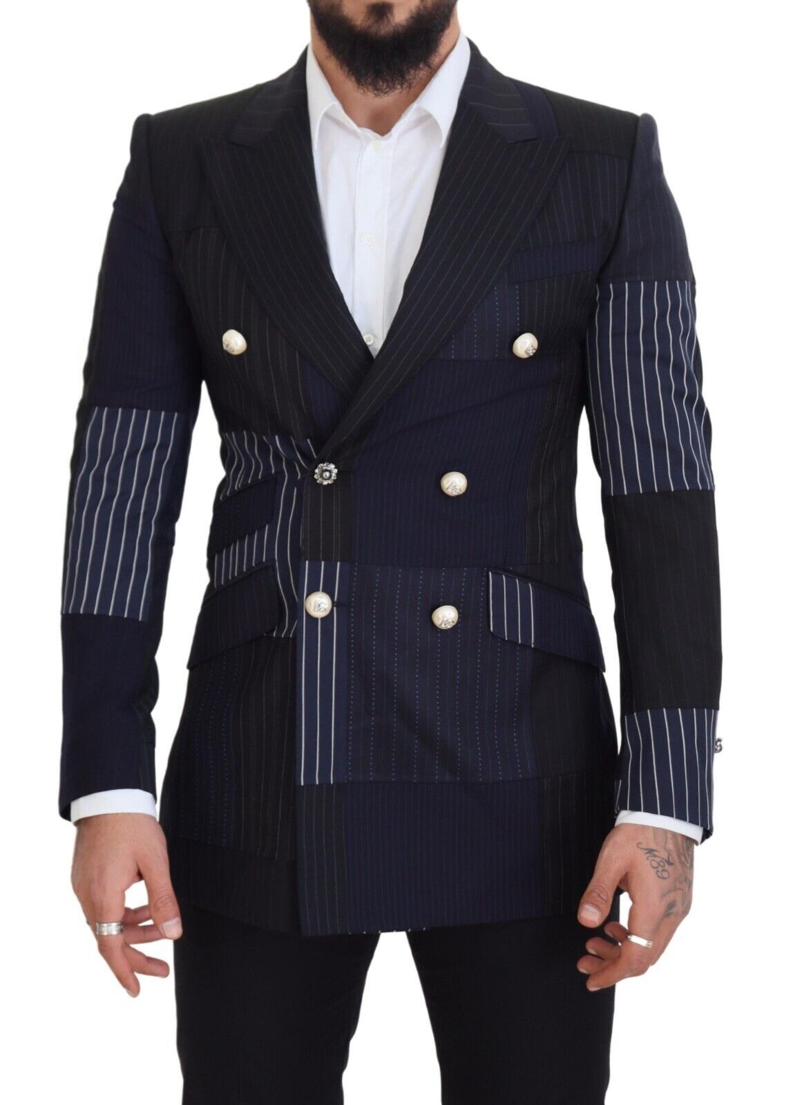 Dolce & Gabbana Blauer Woll-Patchwork-Blazer im Zweireiher