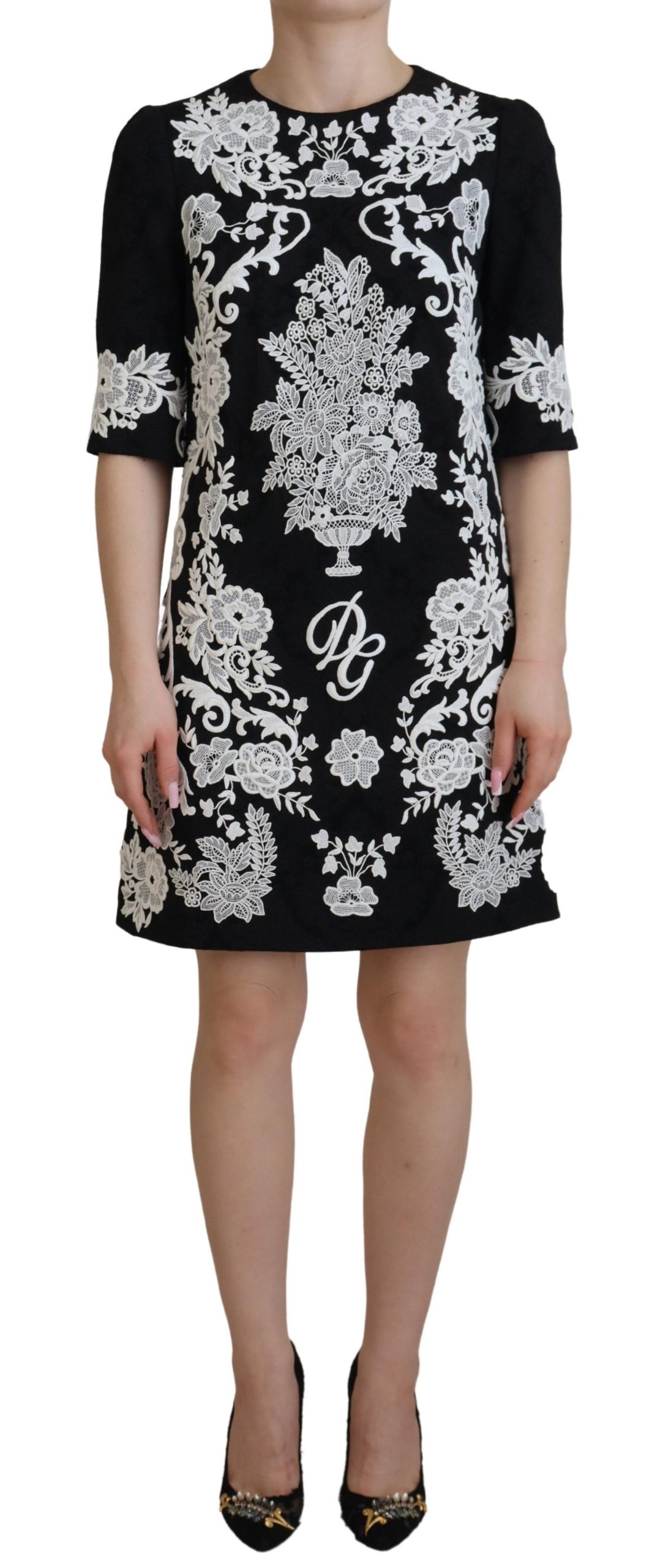 Dolce & Gabbana Schwarzes Kleid mit Spitzenbesatz und halben Ärmeln in A-Linie