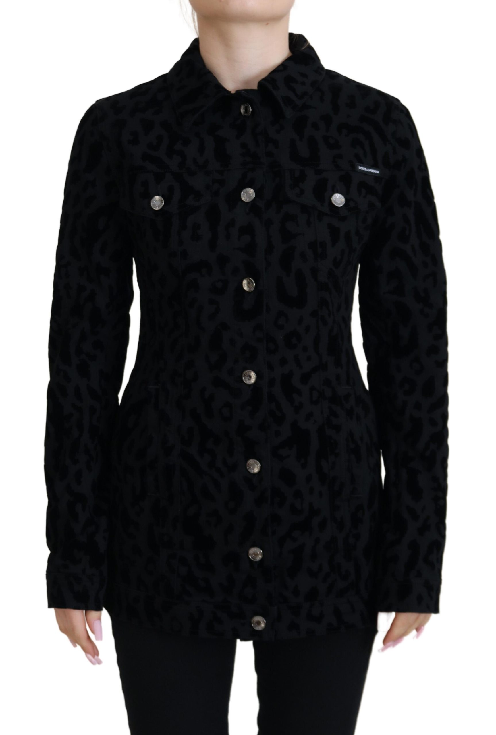 Dolce & Gabbana Schwarze Leoparden-Langarm-Jacke aus Denim-Baumwolle