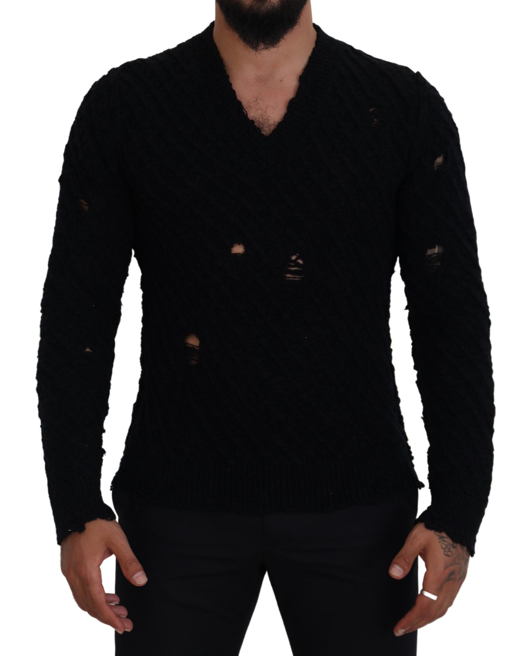 Dolce & Gabbana Schwarzer Pullover mit V-Ausschnitt aus Wolle