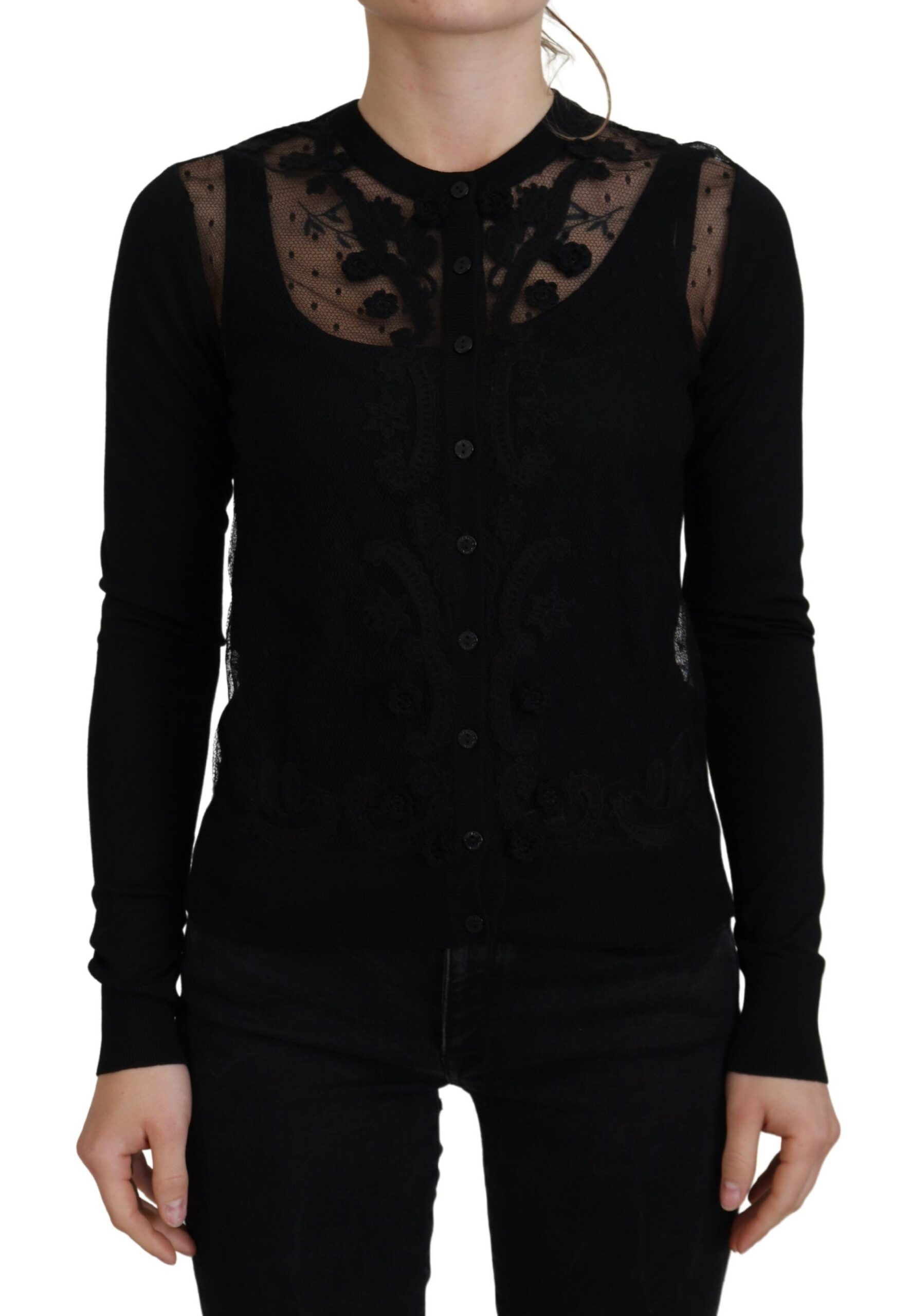 Dolce & Gabbana Schwarzer Strickpullover mit floraler Spitze und Knopfleiste