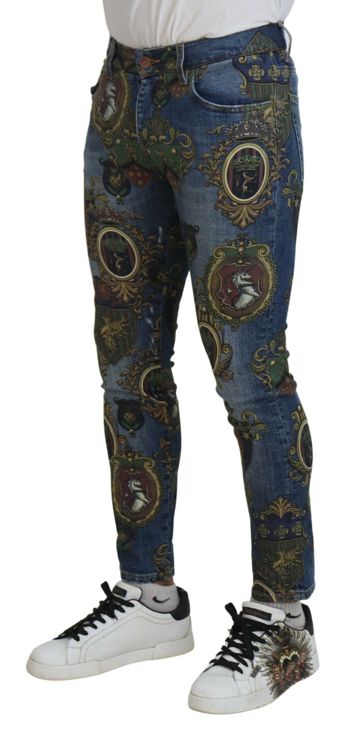 Dolce & Gabbana Blaue Medaillendruck Slim Fit Baumwolljeans – Bild 2