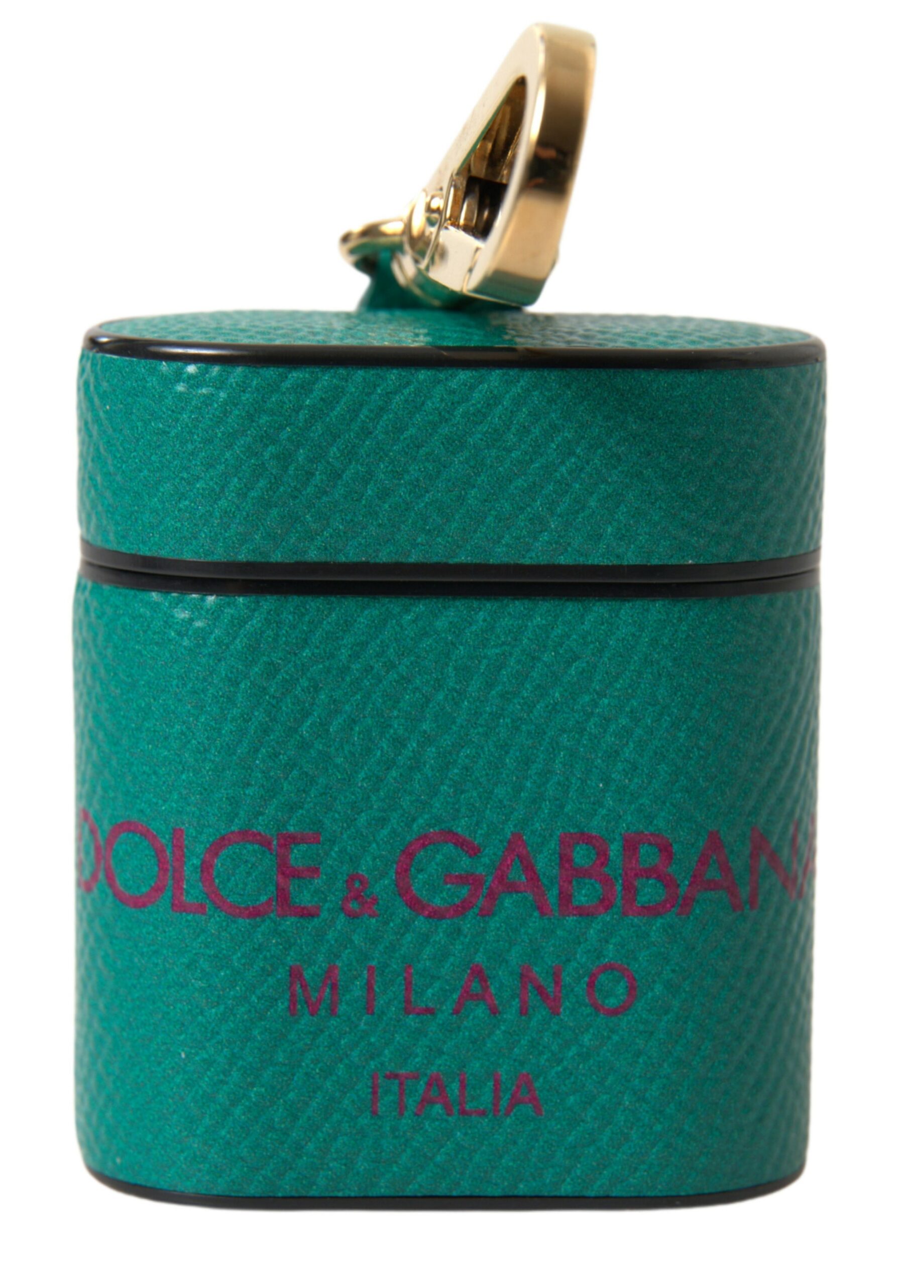Dolce & Gabbana Grünes kastanienbraunes Kalbsleder Logo Print Riemen Airpods Etui