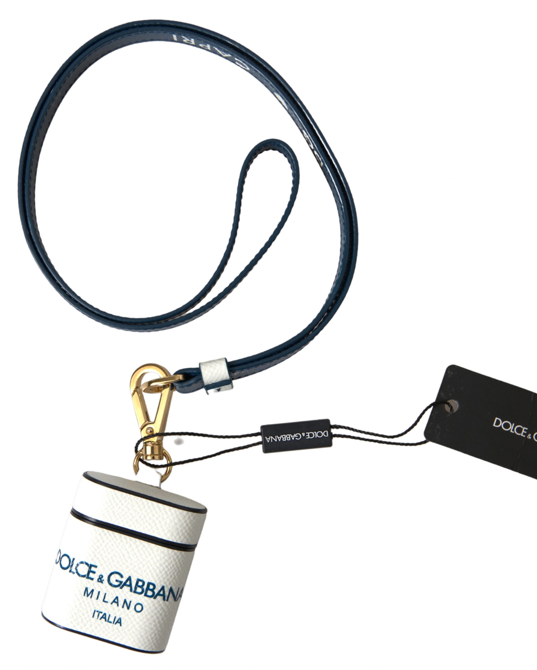 Dolce & Gabbana Weißes blaues Kalbsleder Logo Druck Riemen Airpods Fall – Bild 2