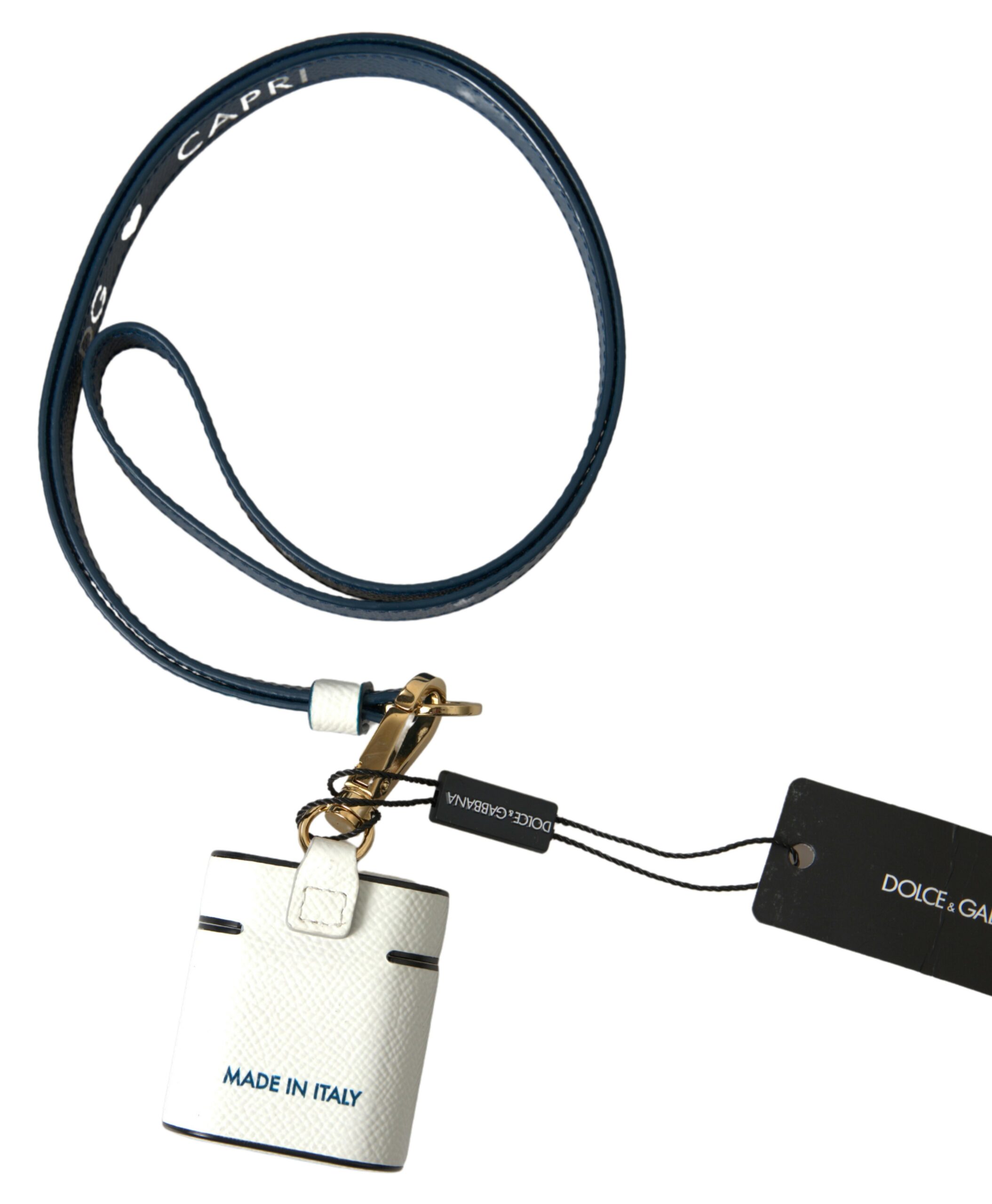 Dolce & Gabbana Weißes blaues Kalbsleder Logo Druck Riemen Airpods Fall – Bild 3