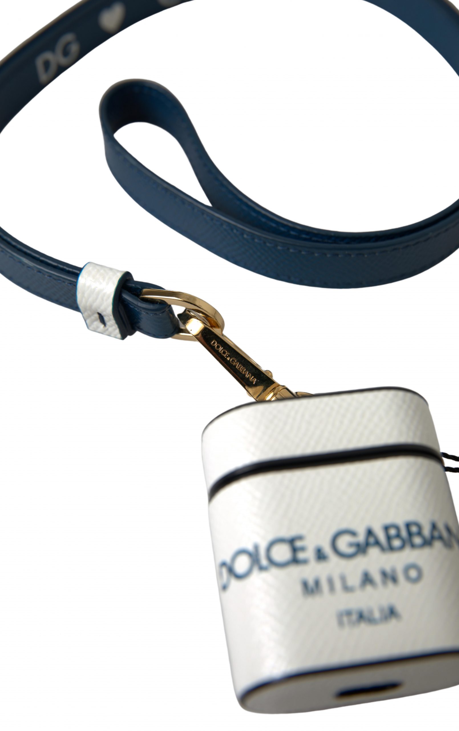 Dolce & Gabbana Weißes blaues Kalbsleder Logo Druck Riemen Airpods Fall – Bild 4