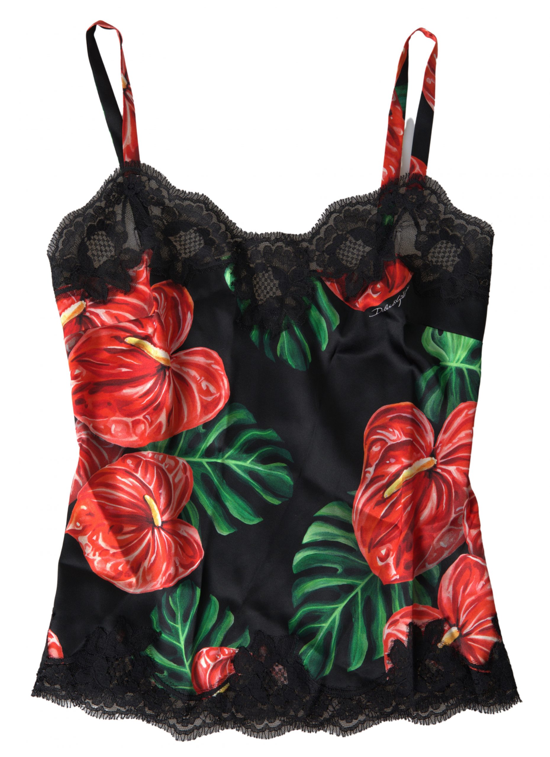 Dolce & Gabbana Schwarzes Seiden-Camisole-Top mit Anthurienprint Unterwäsche