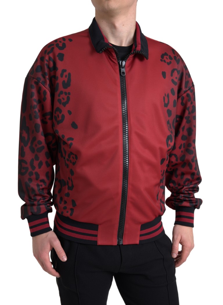 Dolce & Gabbana Rote Leoparden-Polyester-Bomberjacke mit durchgehendem Reißverschluss