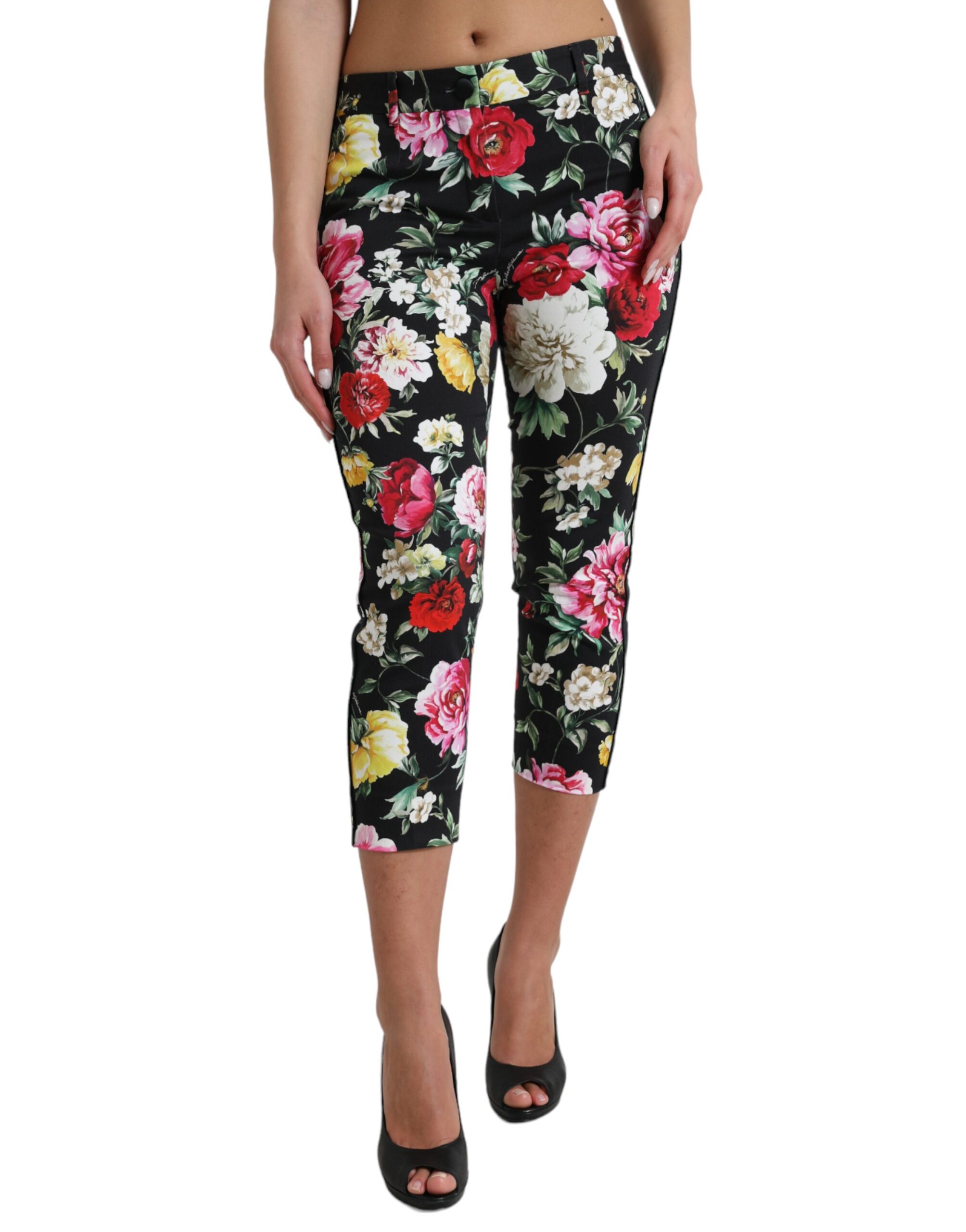 Dolce & Gabbana Schwarze Hose mit Blumendruck und mittlerer Taille