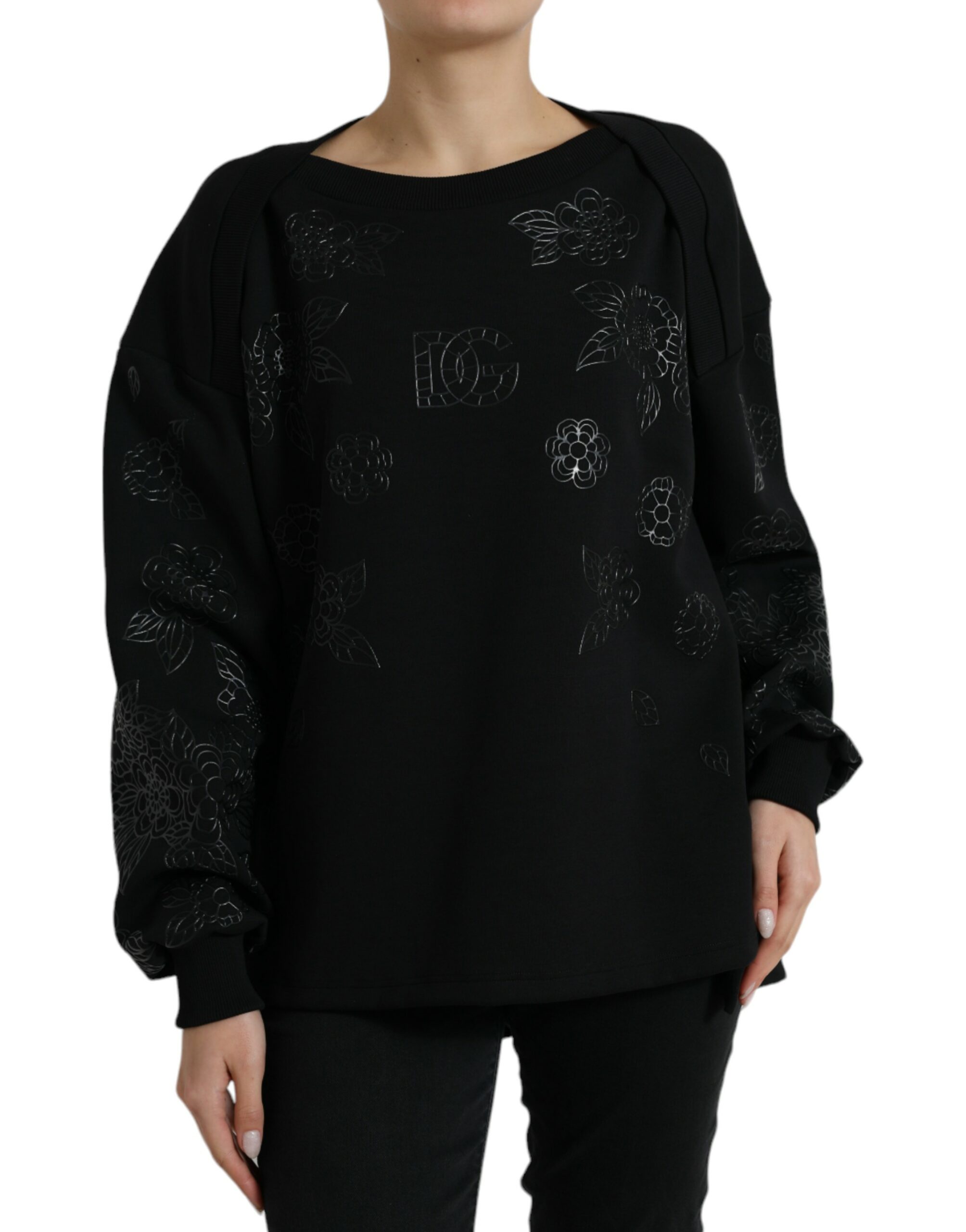 Dolce & Gabbana Schwarzer Pullover mit floralen Logo-Applikationen