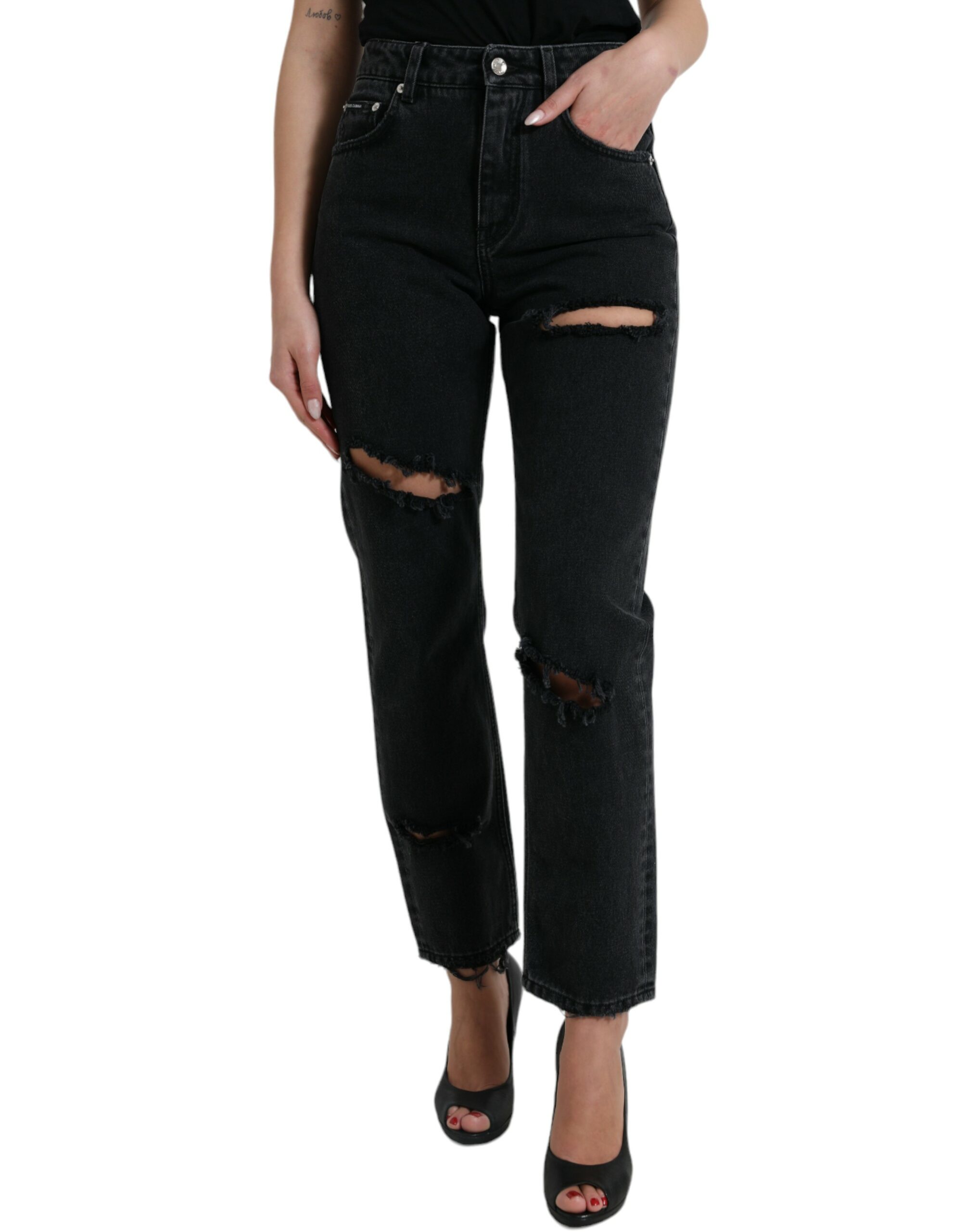 Dolce & Gabbana Schwarze Baumwolljeans mit hoher Taille aus zerfetztem Denim