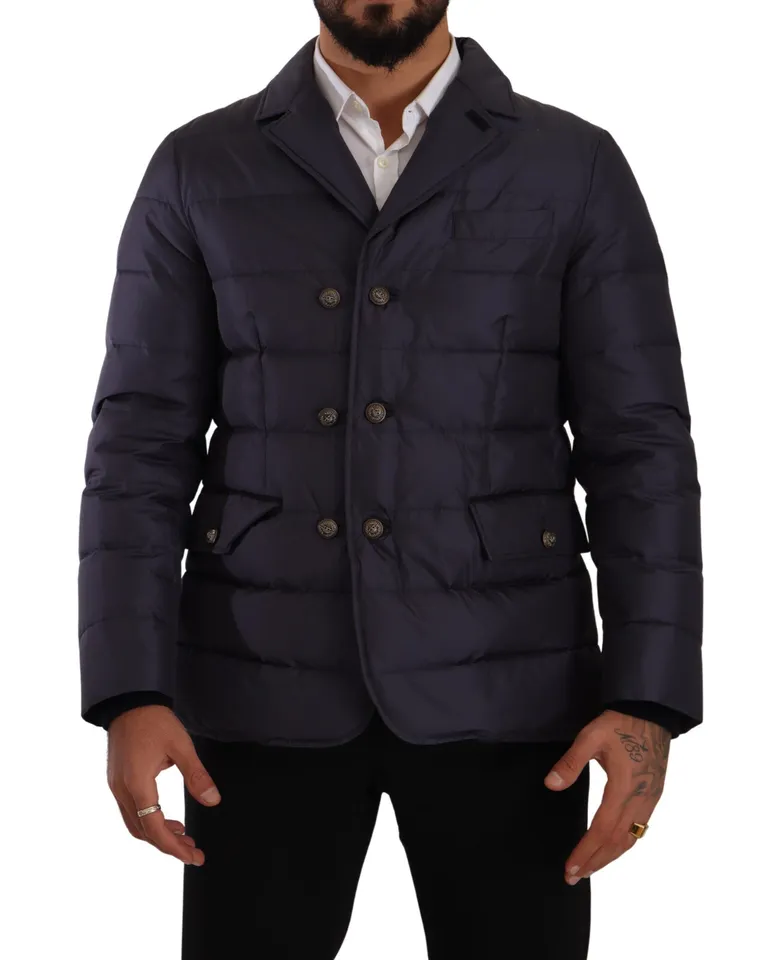 Dolce & Gabbana Blauer Seiden-Ziegenmantel Blouson Winterjacke