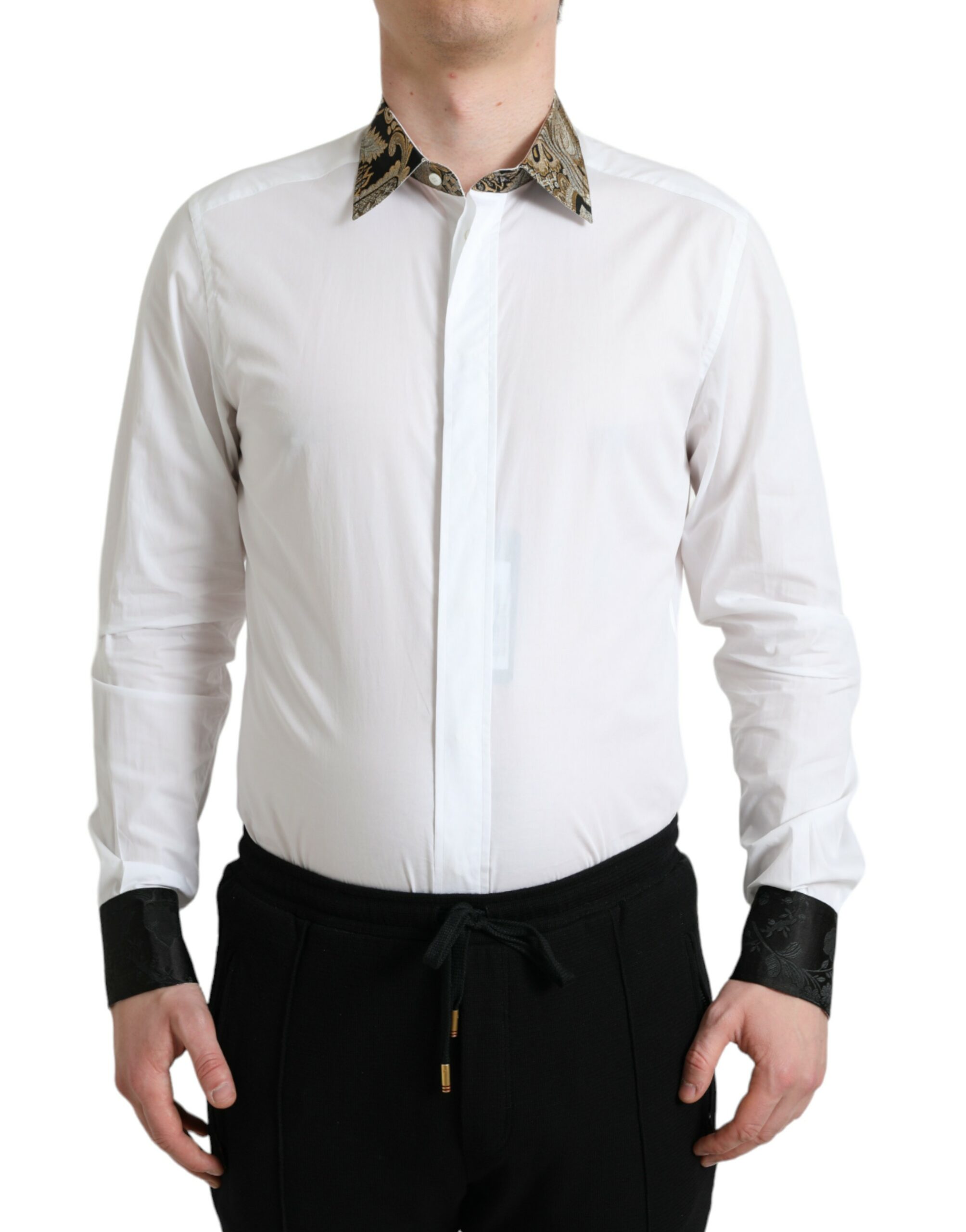 Dolce & Gabbana Weißes Jacquard-Baumwollhemd GOLD Formal Dress Shirt