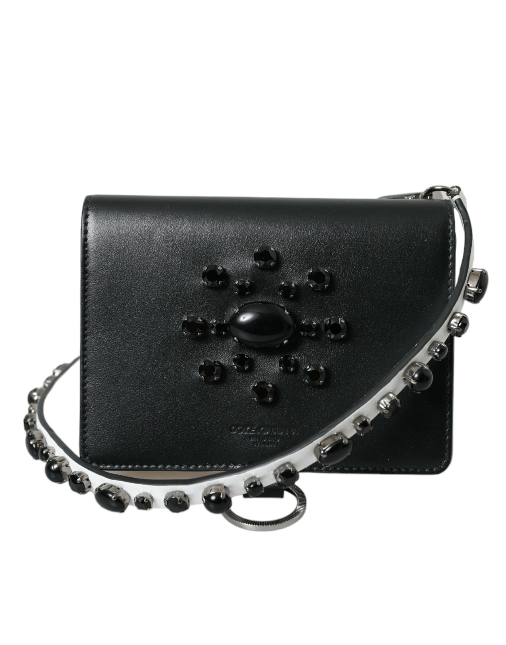 Dolce & Gabbana Schwarzes weißes Leder Crystal Embellished Cardholder Wallet