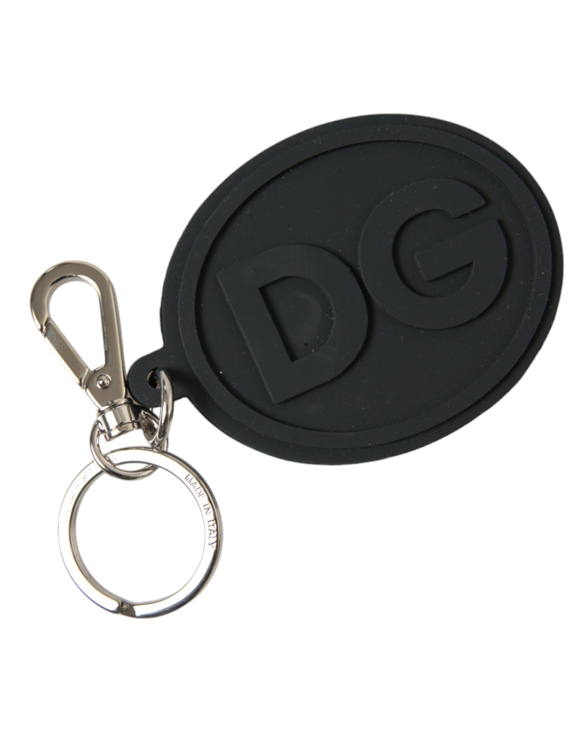 Dolce & Gabbana Schwarzer Gummi DG Logo Silber Messing Metall Schlüsselring Schlüsselanhänger