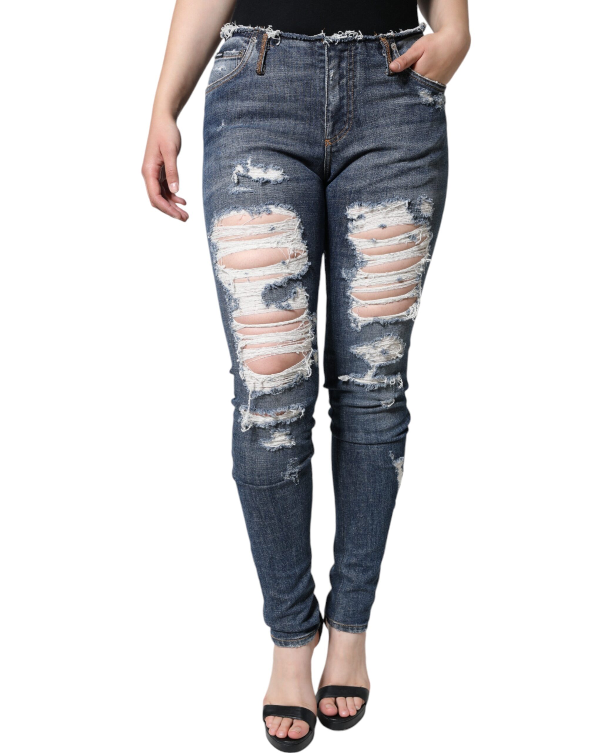 Dolce & Gabbana Blaue Baumwoll-Stretch-Skinny-Jeans mit Fransen – Bild 2