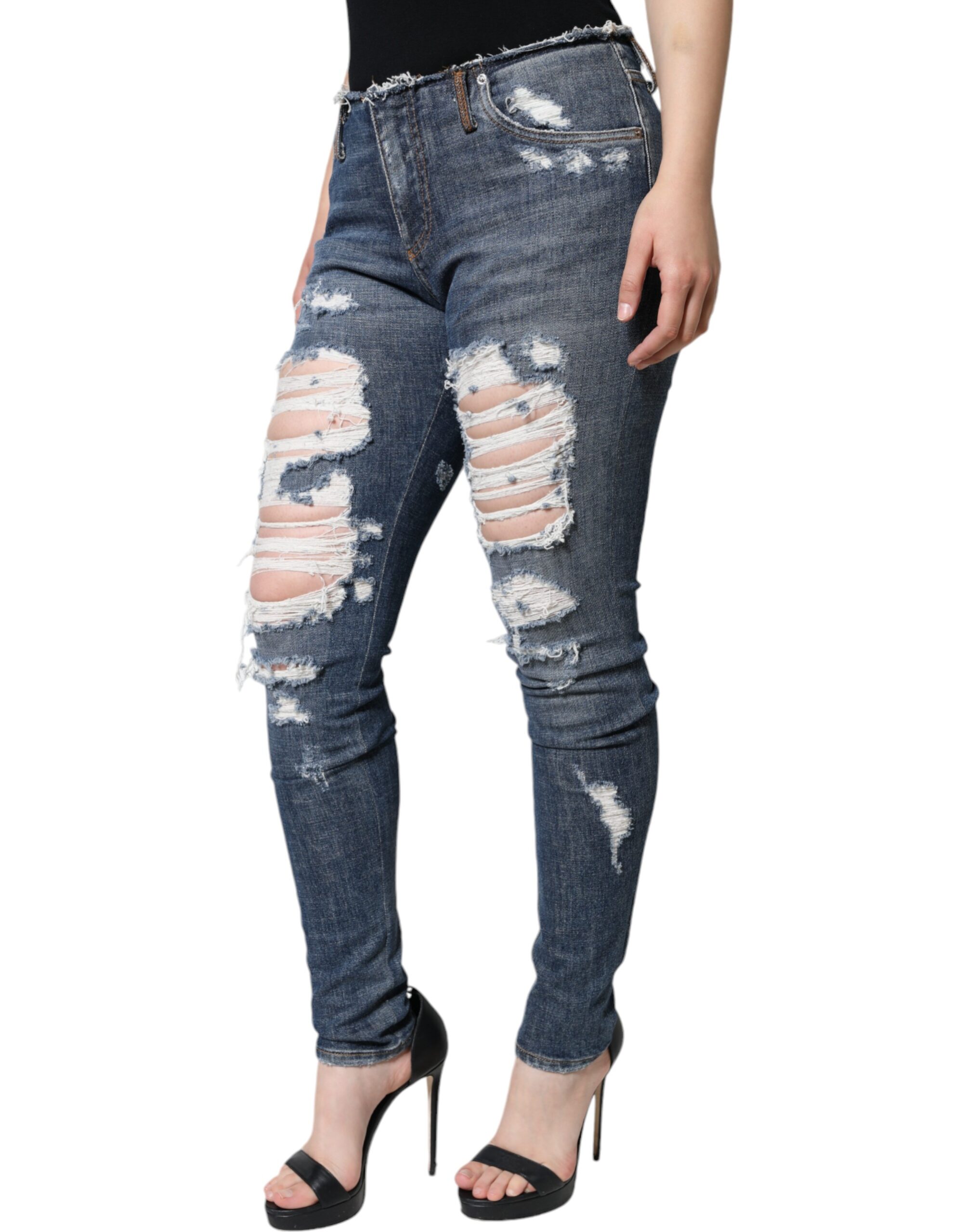 Dolce & Gabbana Blaue Baumwoll-Stretch-Skinny-Jeans mit Fransen – Bild 3