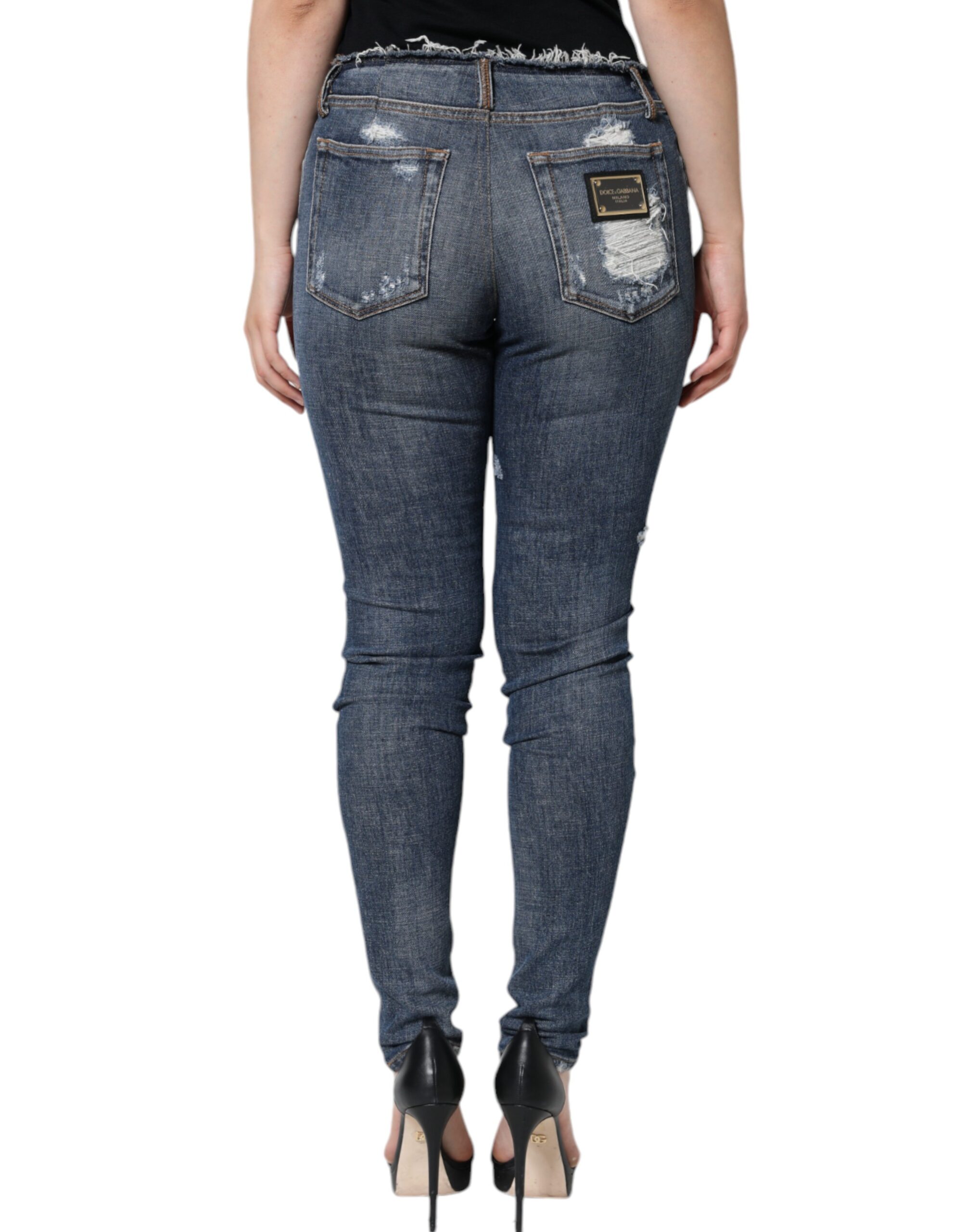 Dolce & Gabbana Blaue Baumwoll-Stretch-Skinny-Jeans mit Fransen – Bild 4