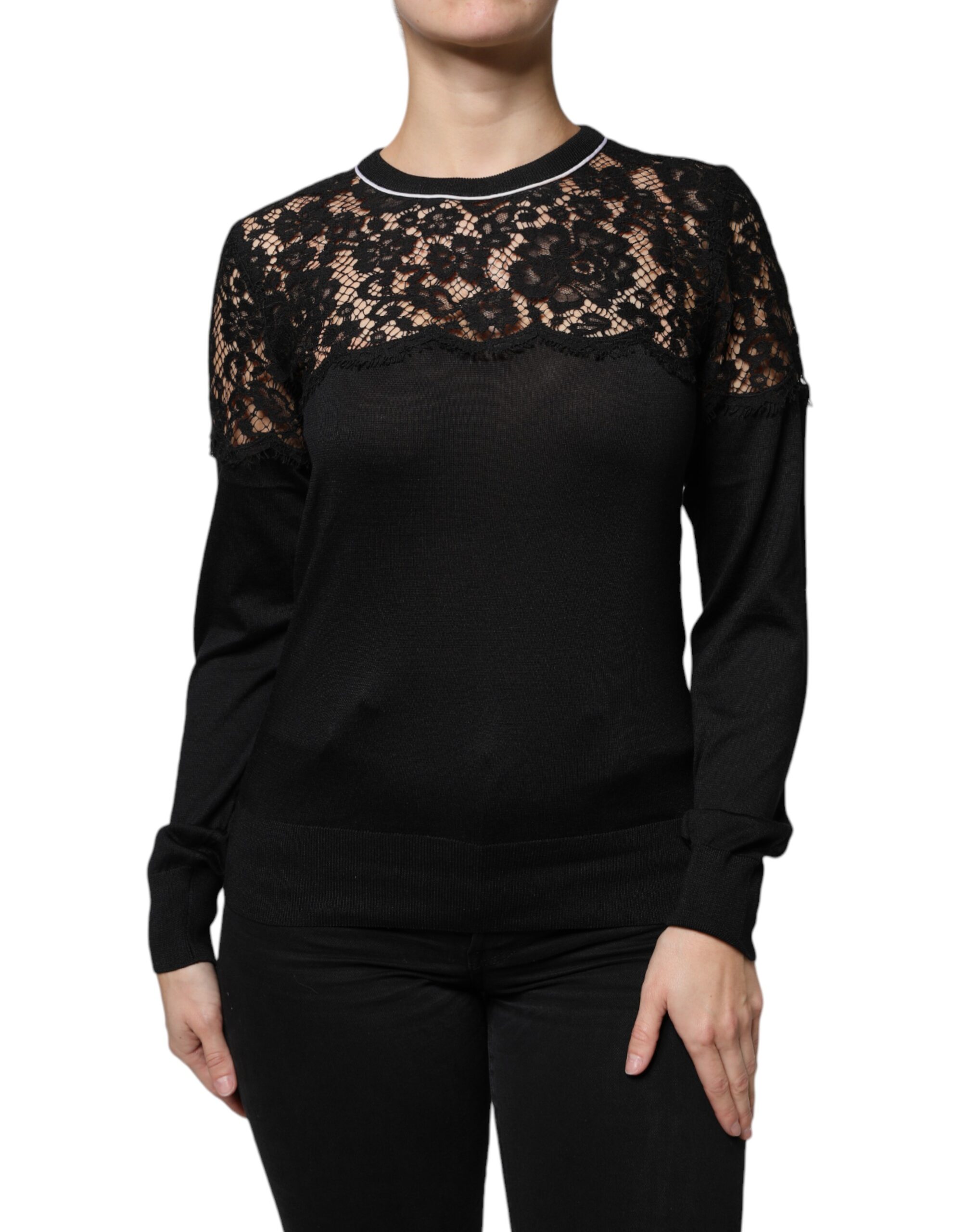 Dolce & Gabbana Schwarzes Pullover-Blusen-Top mit floraler Spitze aus Seide