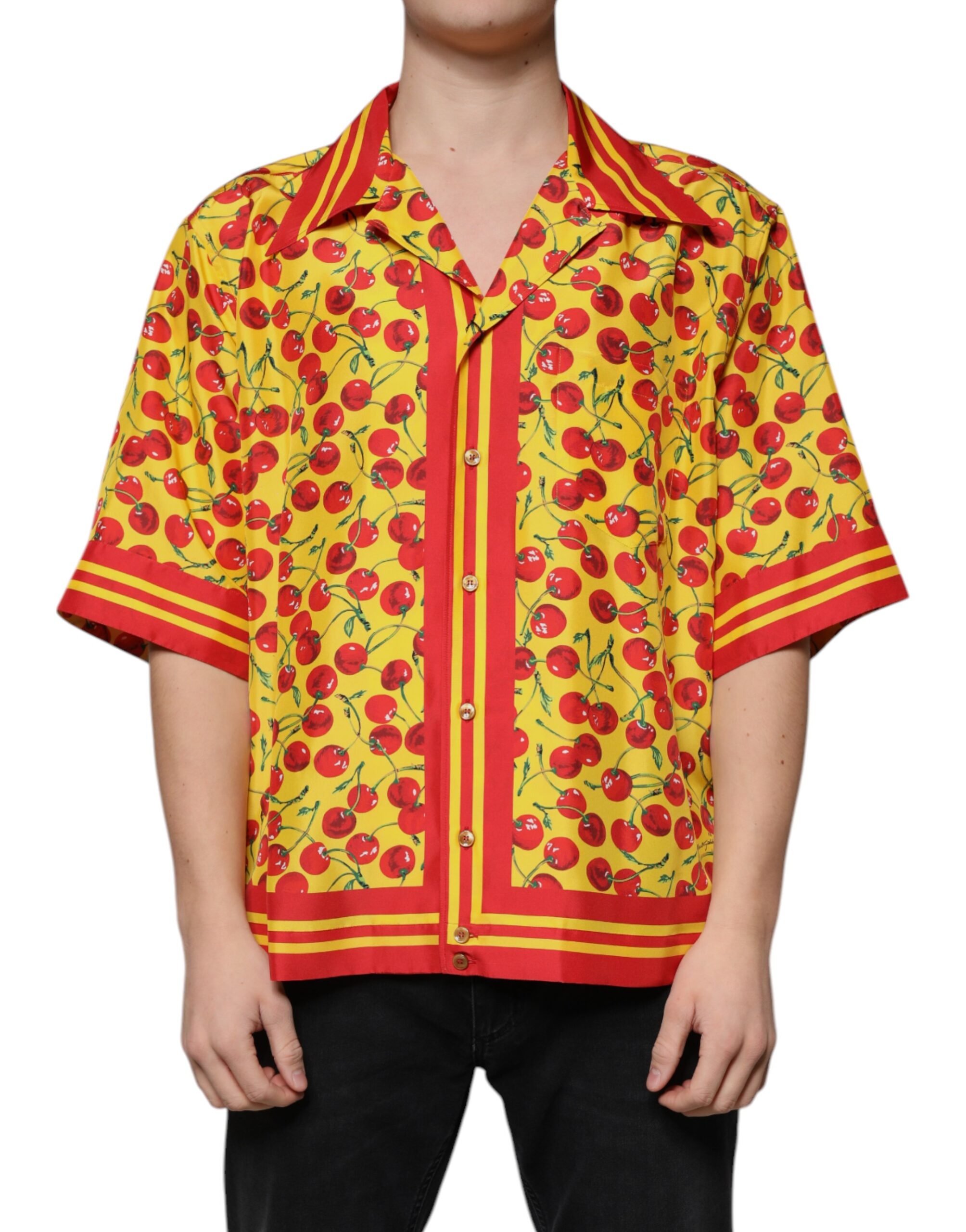Dolce & Gabbana Gelbe Kirsche Button Down Seide Freizeithemd