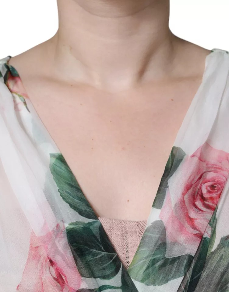 Dolce & Gabbana Weißes Midikleid mit Blumendruck aus Seide in A-Linie – Bild 7