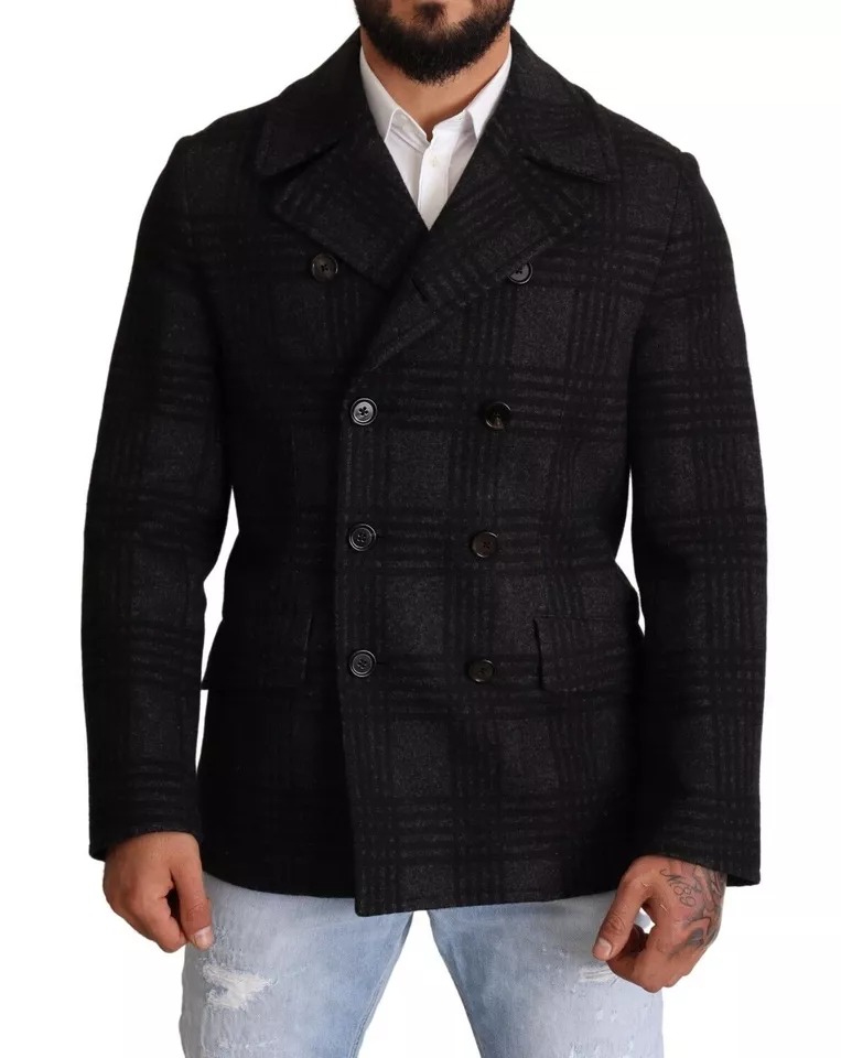 Dolce & Gabbana Schwarzer Trenchcoat Karo-Wolljacke