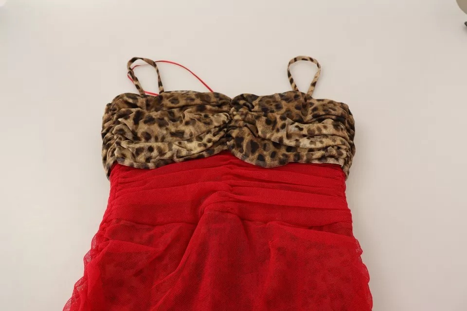 Dolce & Gabbana Braun Leopard Rot Tüll Etuikleid Midikleid – Bild 7