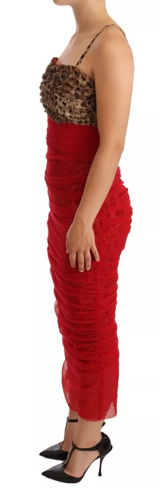 Dolce & Gabbana Braun Leopard Rot Tüll Etuikleid Midikleid – Bild 2
