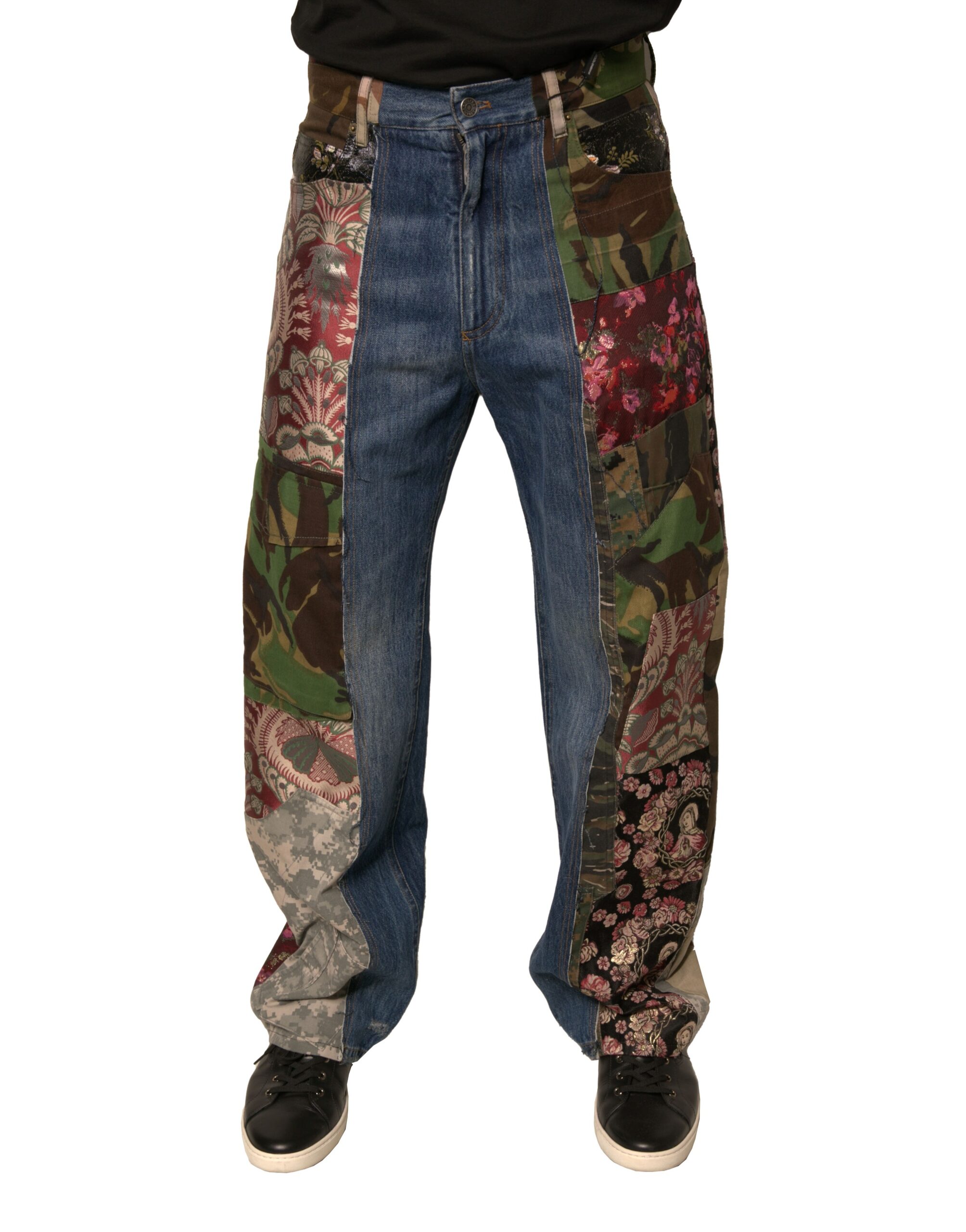 Dolce & Gabbana Blaue Patchwork-Baumwolle Straight Denim Jeans