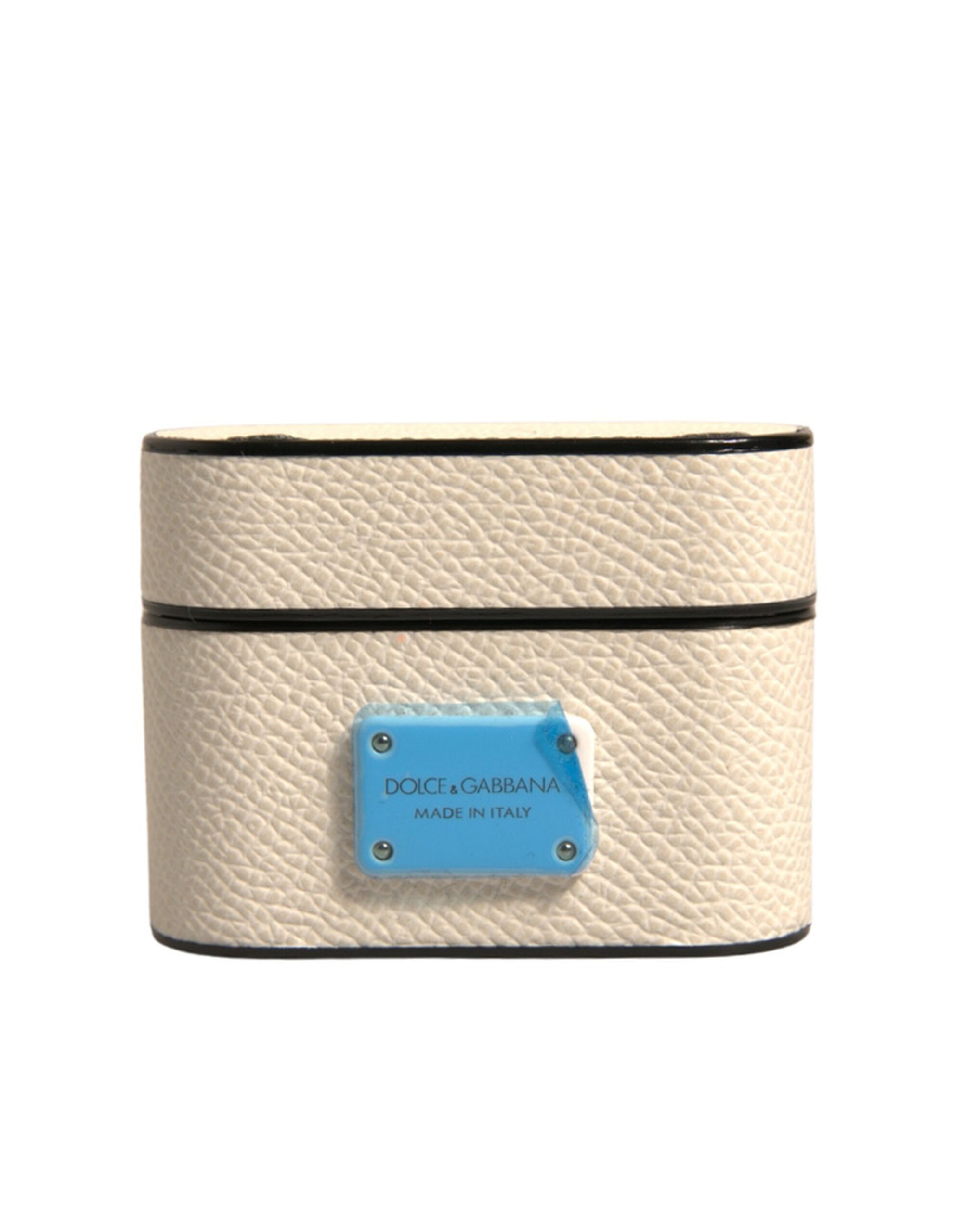 Dolce & Gabbana Weißes Leder Metall Logo Plaque Halter Airpods Fall