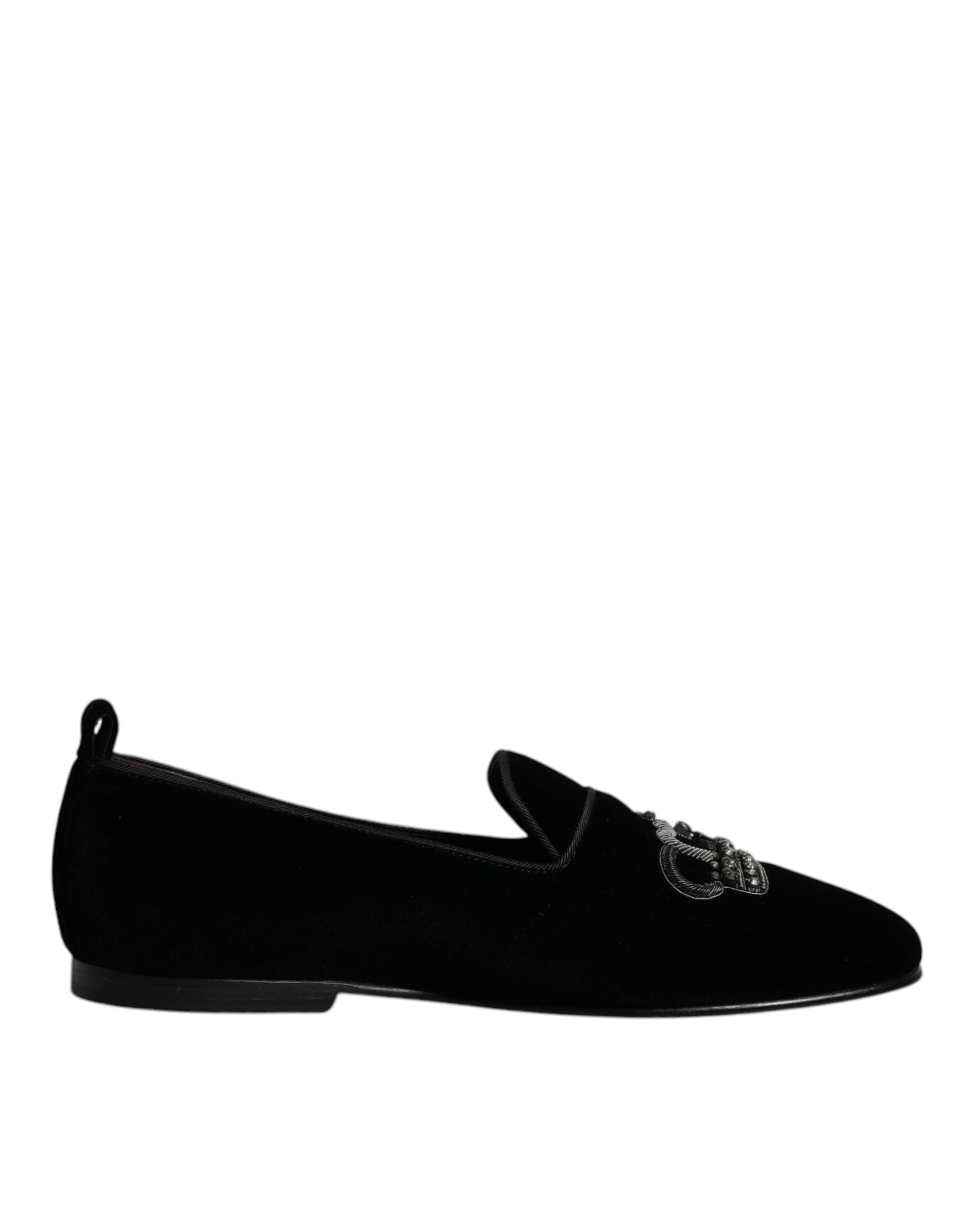 Dolce & Gabbana Schwarzer Samt Kristallkrone Loafers Formelle Kleid Schuhe