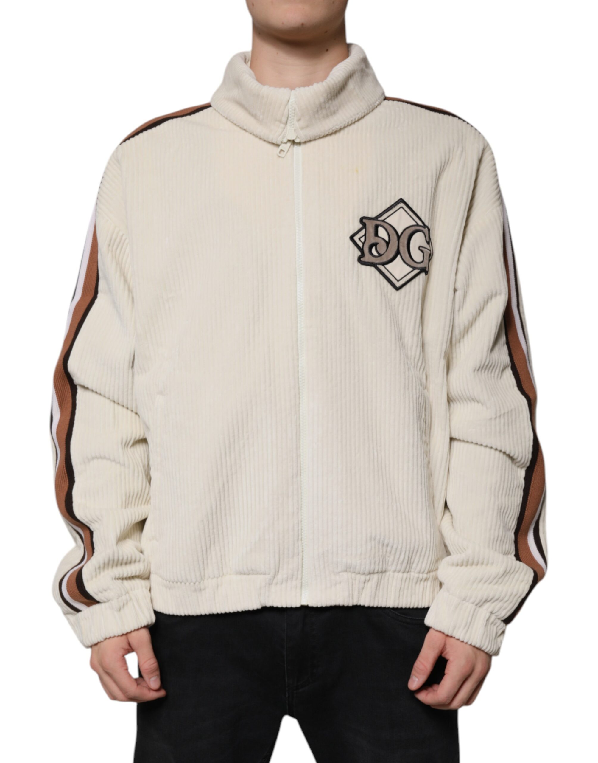 Dolce & Gabbana Beige Logo-Applikation Baumwoll-Cordjacke mit Reißverschluss