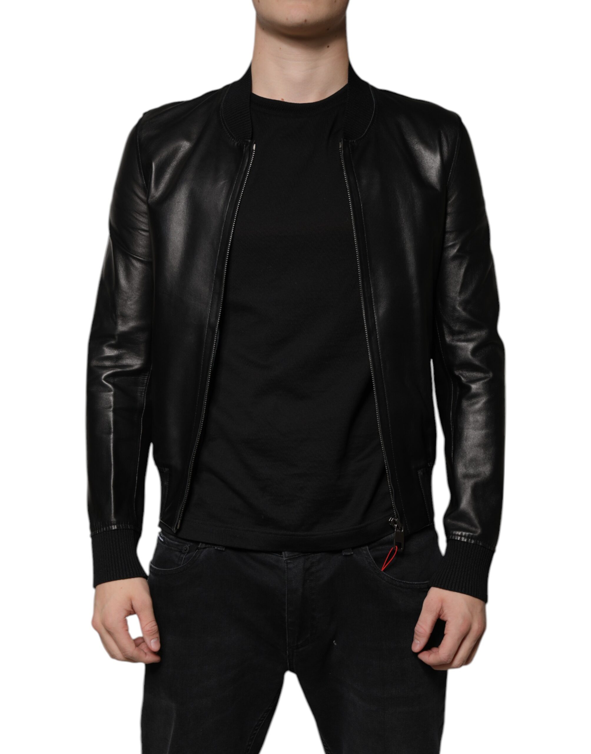 Dolce & Gabbana Schwarze Lammfell-Blouson-Jacke mit durchgehendem Reißverschluss