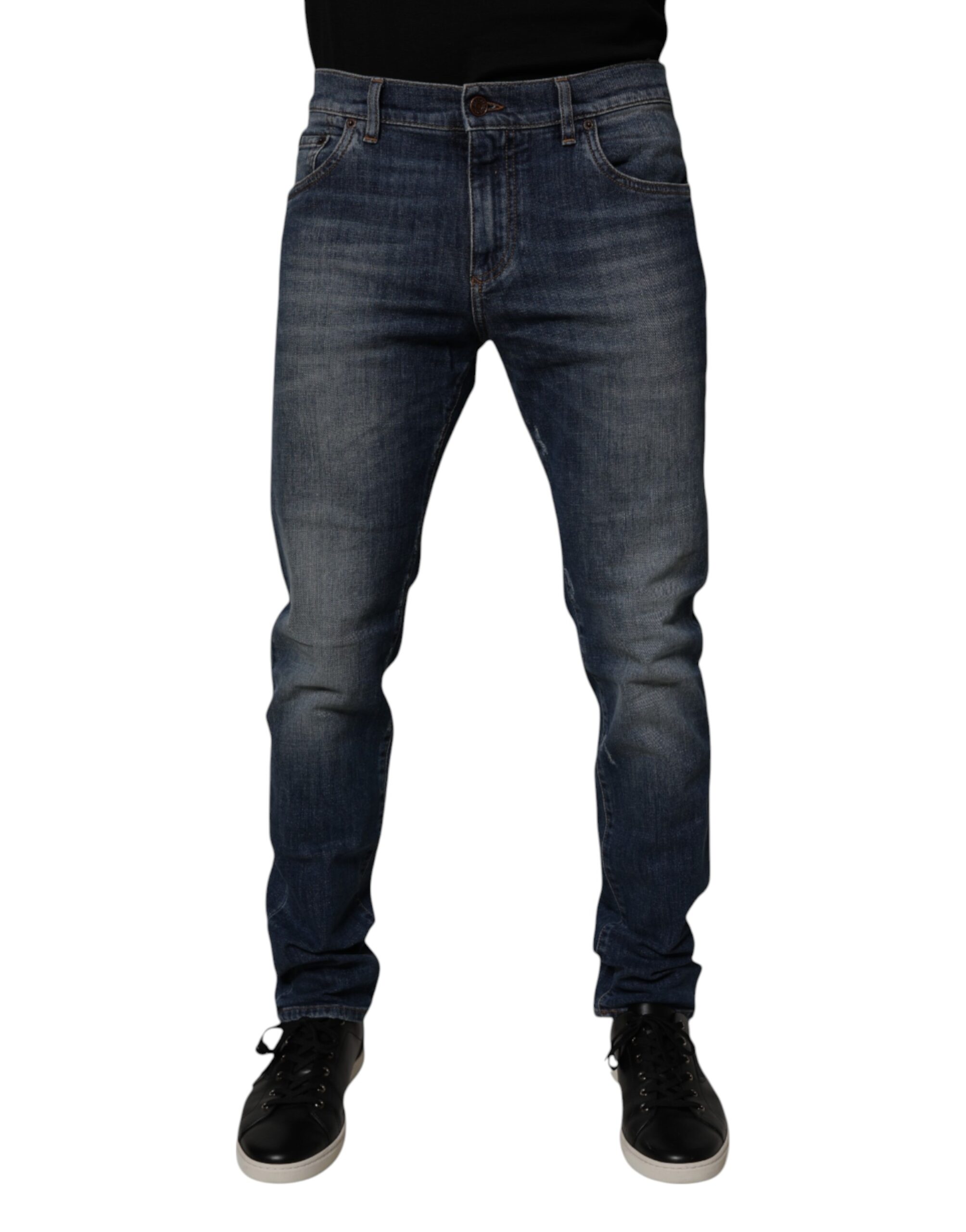 Dolce & Gabbana Dunkelblaue Baumwoll-Leder-Skinny-Denim-Jeans