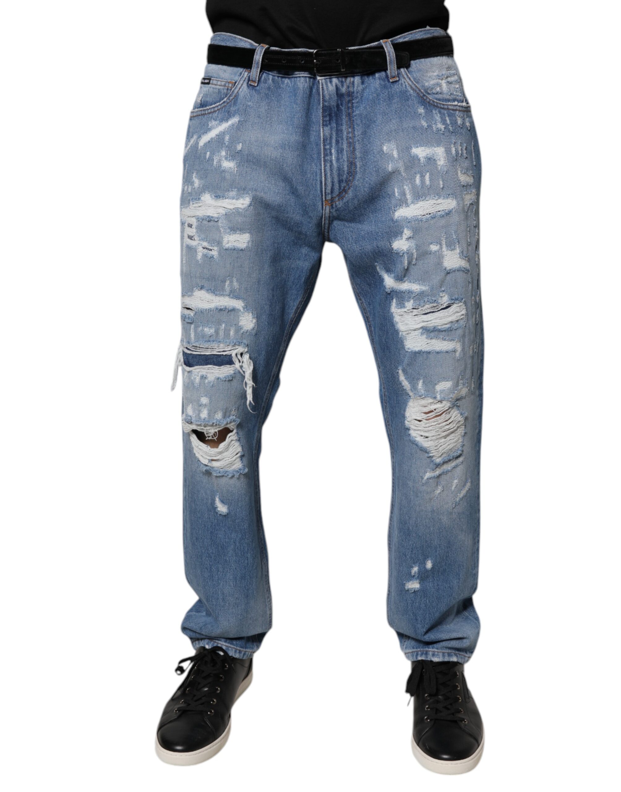 Dolce & Gabbana Blaue zerfledderte Straight Cotton Denim Jeans