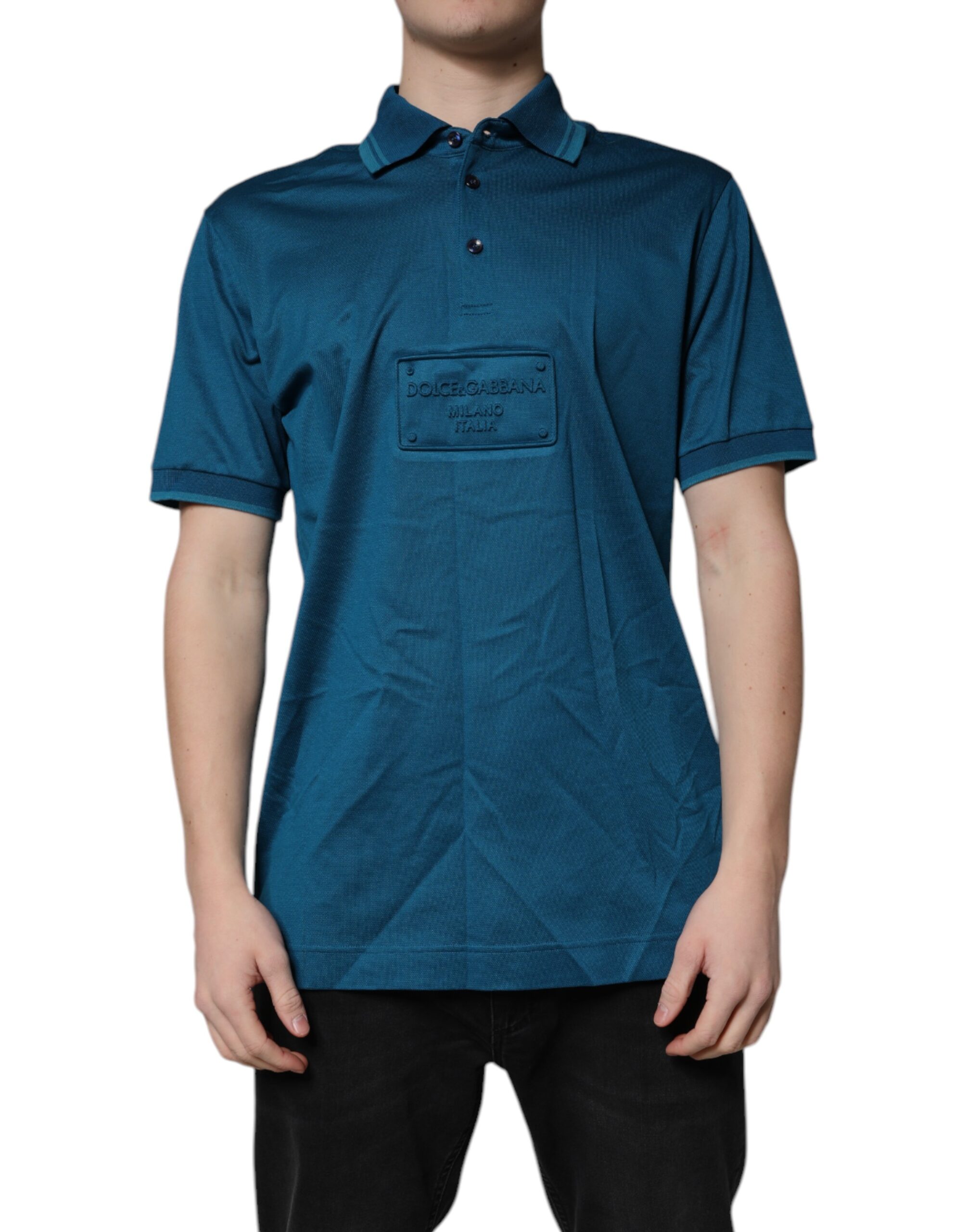 Dolce & Gabbana Blaues Logo-Baumwoll-Poloshirt für Männer T-shirt