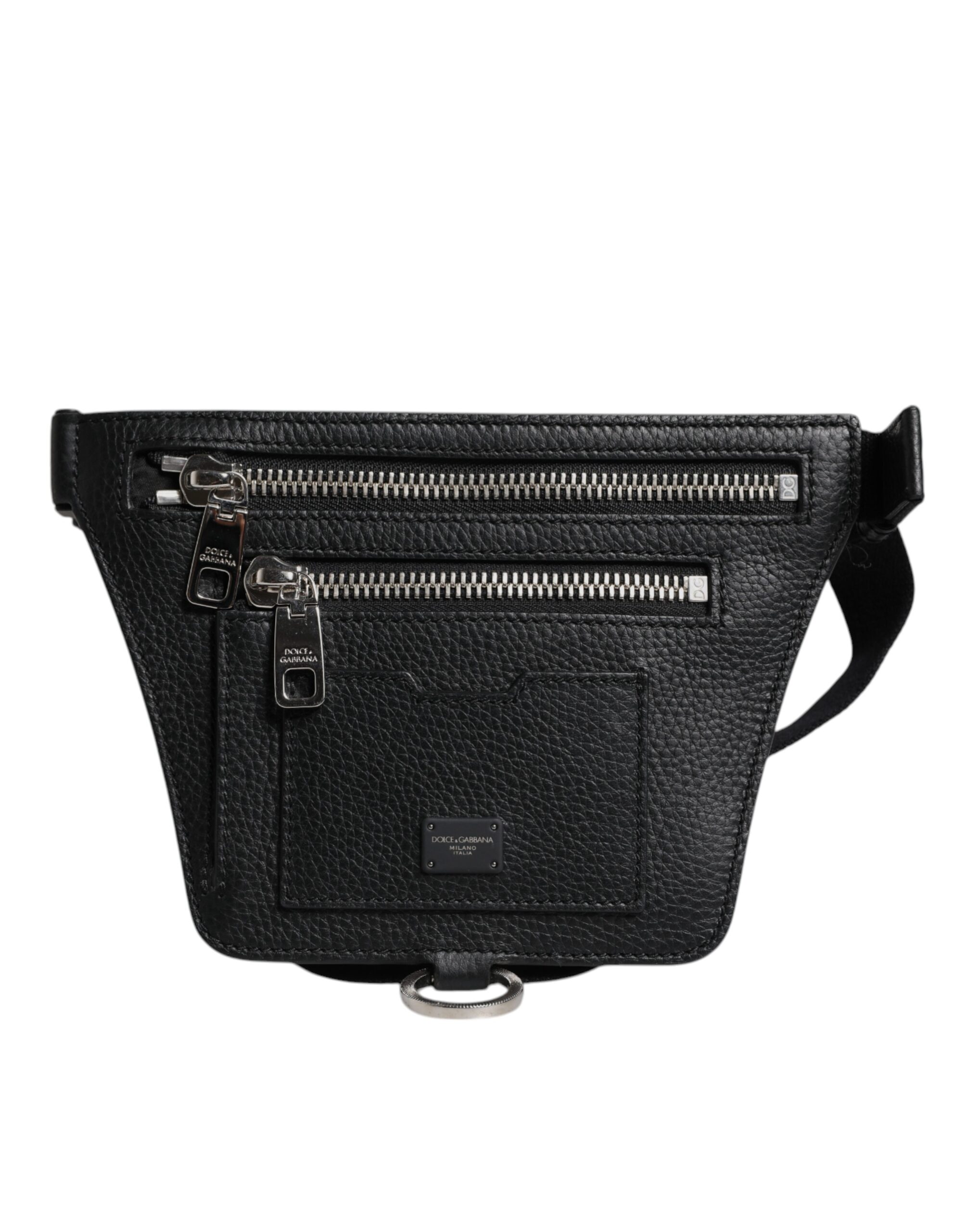 Dolce & Gabbana Schwarzes Kalbsleder Logo Plaque Gürtel Taille Männer Fanny Pack Tasche