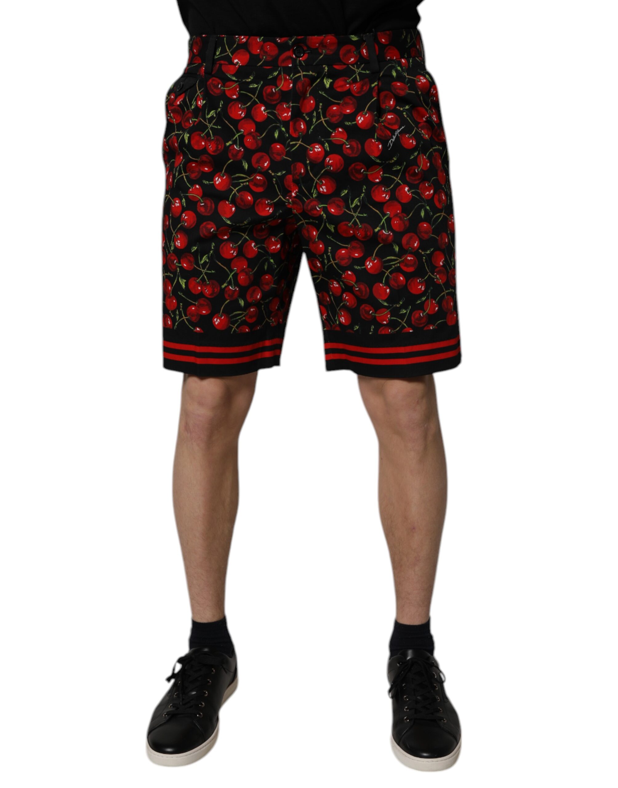 Dolce & Gabbana Schwarz-rote Bermuda-Shorts aus Baumwolle mit Kirschenmuster