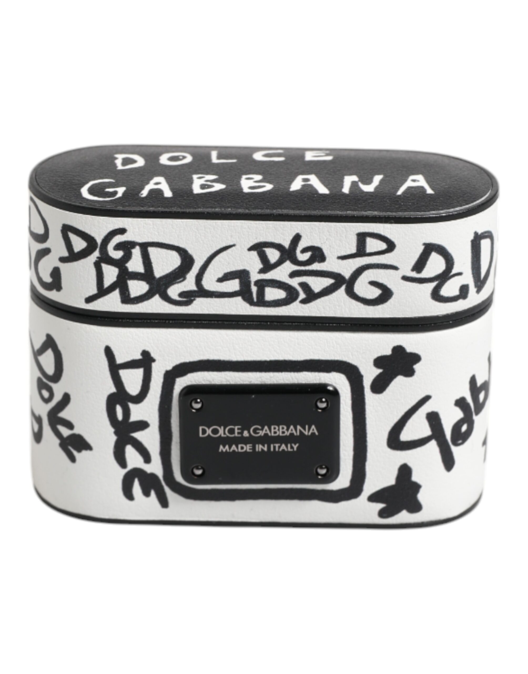 Dolce & Gabbana Schwarzes weißes Leder Scribble mit geprägtem Logo Airpods Etui