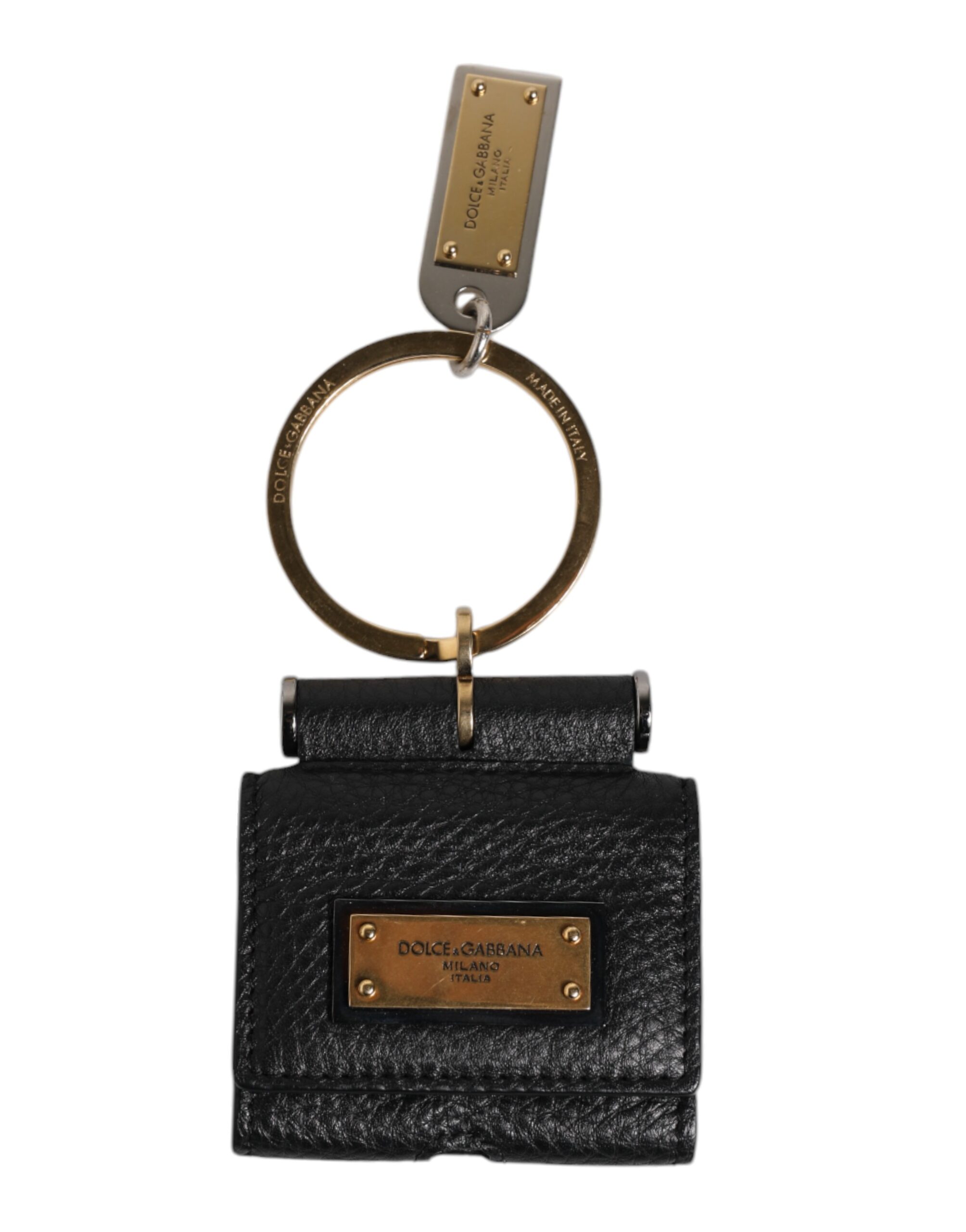 Dolce & Gabbana Schwarzer Lederriemen Gold Metall Logo Plaque Airpods Fall